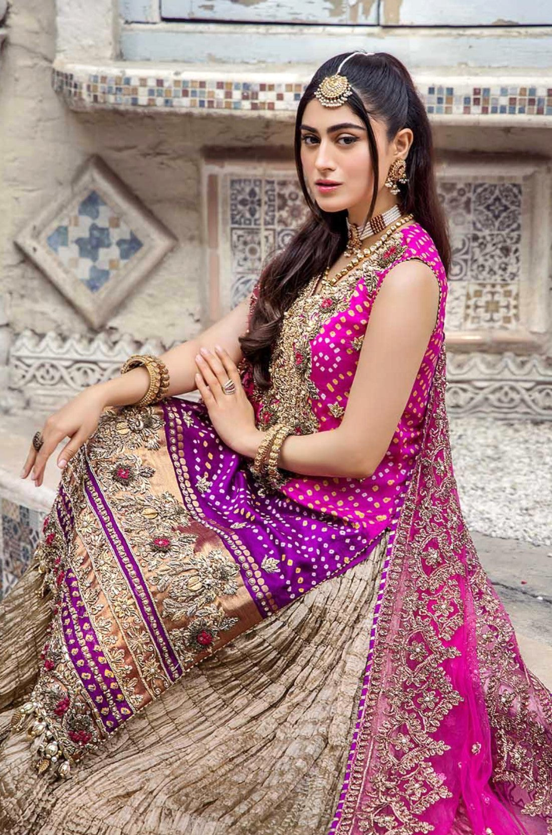 CHUNARI 3PC MAGENTA EMBROIDERED SHARARA-3/4 WKS DELIVERY