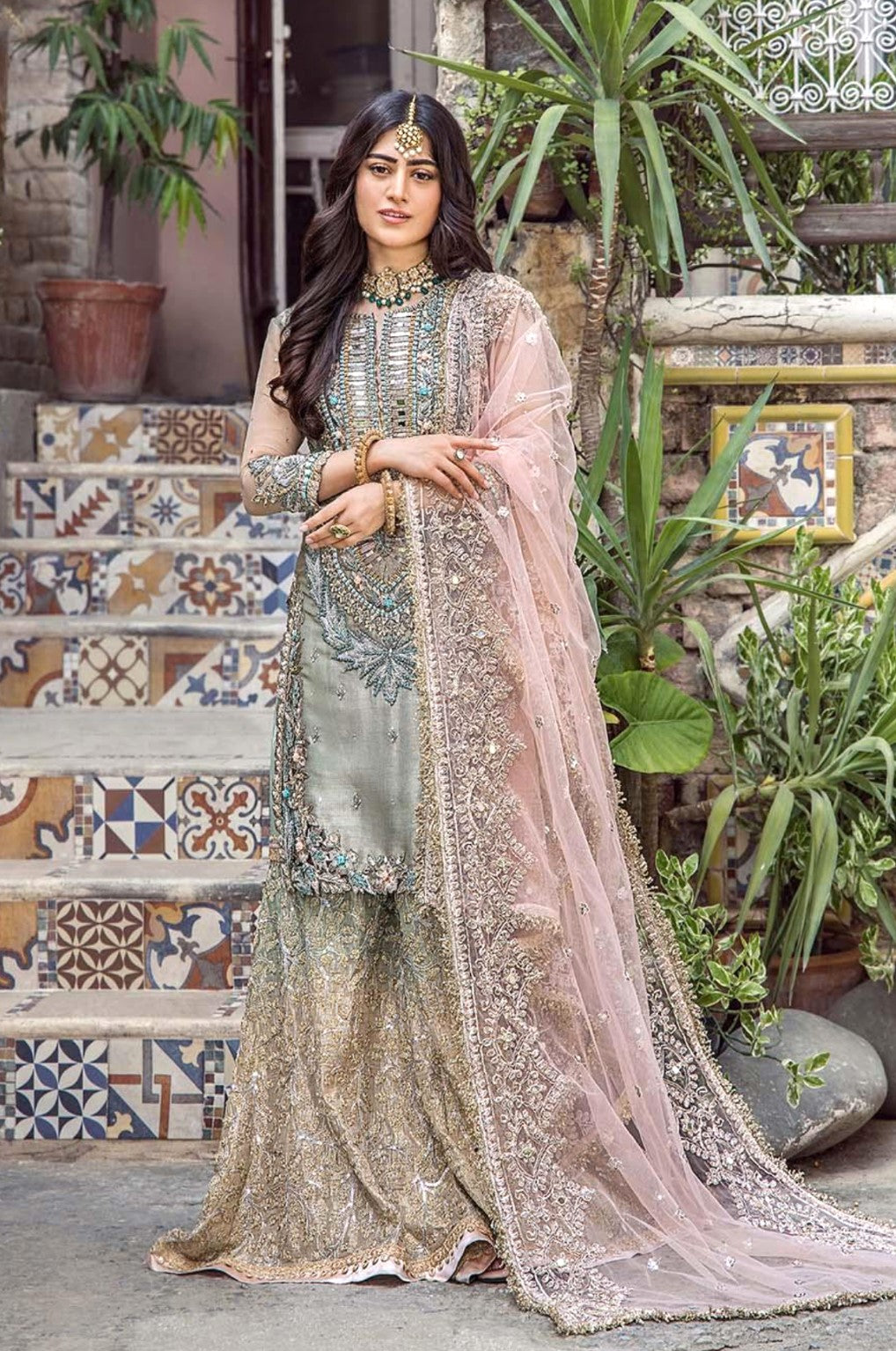 EMBROIDERED OLIVE GREEN 3PC GHARARA-3/4 WKS DELIVERY