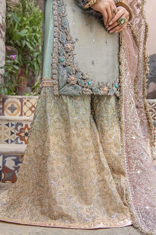 EMBROIDERED OLIVE GREEN 3PC GHARARA-3/4 WKS DELIVERY