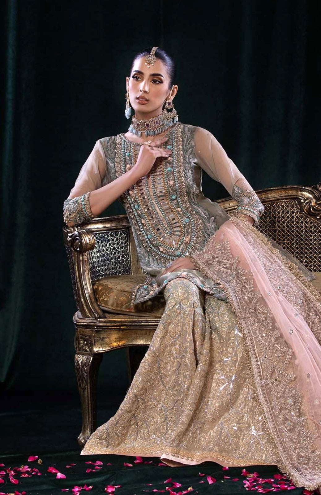 EMBROIDERED OLIVE GREEN 3PC GHARARA-3/4 WKS DELIVERY