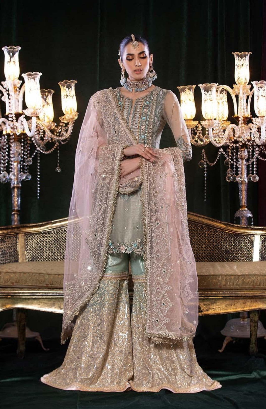 EMBROIDERED OLIVE GREEN 3PC GHARARA-3/4 WKS DELIVERY