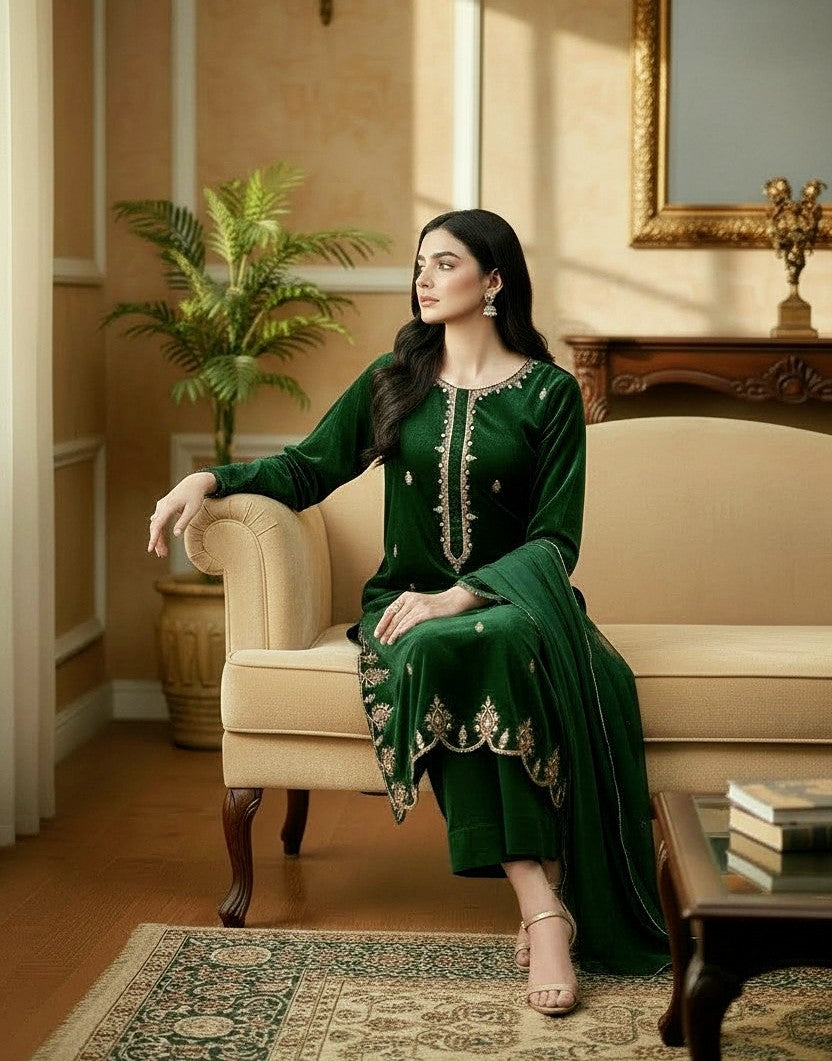 GREEN 3PC EMBROIDERED VELVET-2 WEEKS-LIMITED EID STOCK