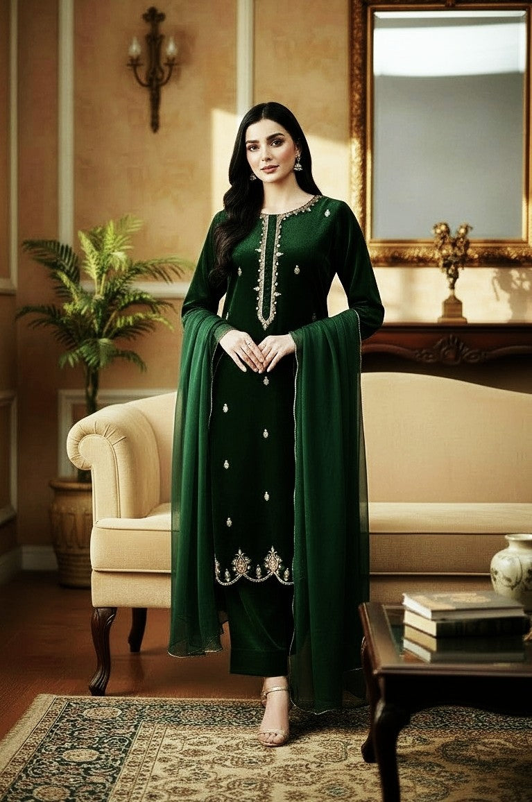 GREEN 3PC EMBROIDERED VELVET-2 WEEKS-LIMITED EID STOCK