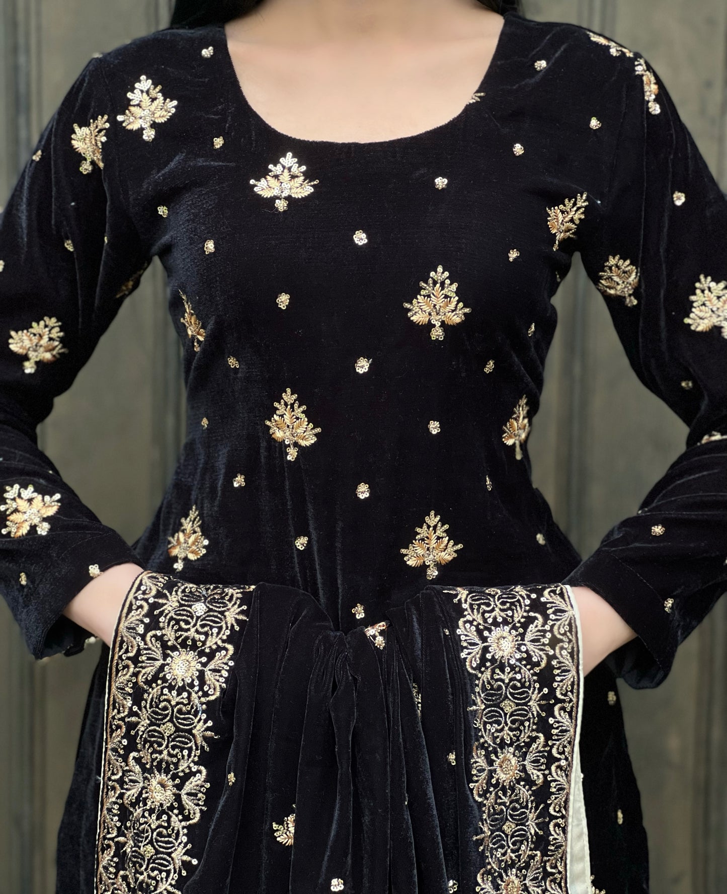 EMBROIDERED 3PC BLACK VELVET-IMMEDIATE DELIVERY