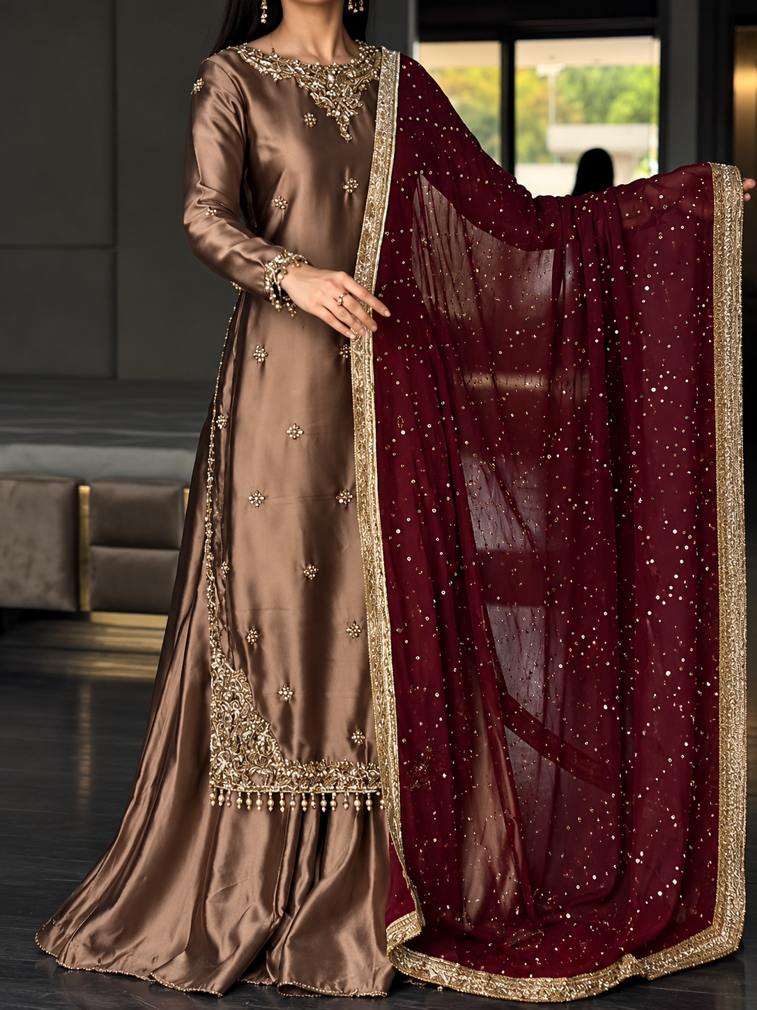 SHARARA 3PC PURE SILK CHOCLATE-DELIVERY 4/6 WEEKS