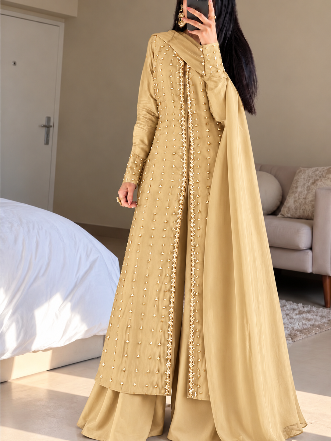 SHARARA 3PC LONG KAMEEZ EMBROIDERED-2 COLOURS-DELIVERY 6 WEEKS