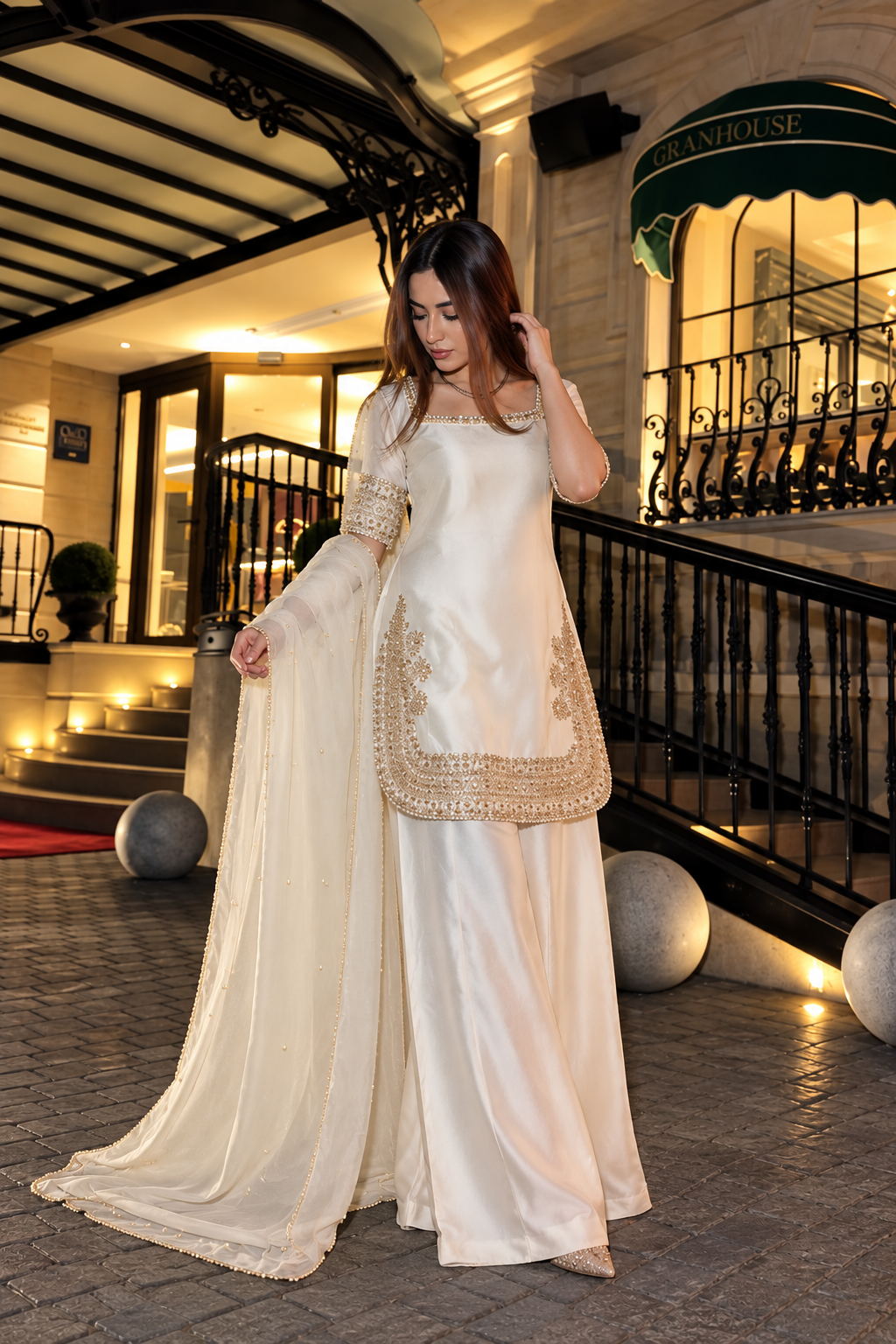 SHARARA PURE SILK EMBROIDERED 3PC-DELIVER 4/6 WEEKS