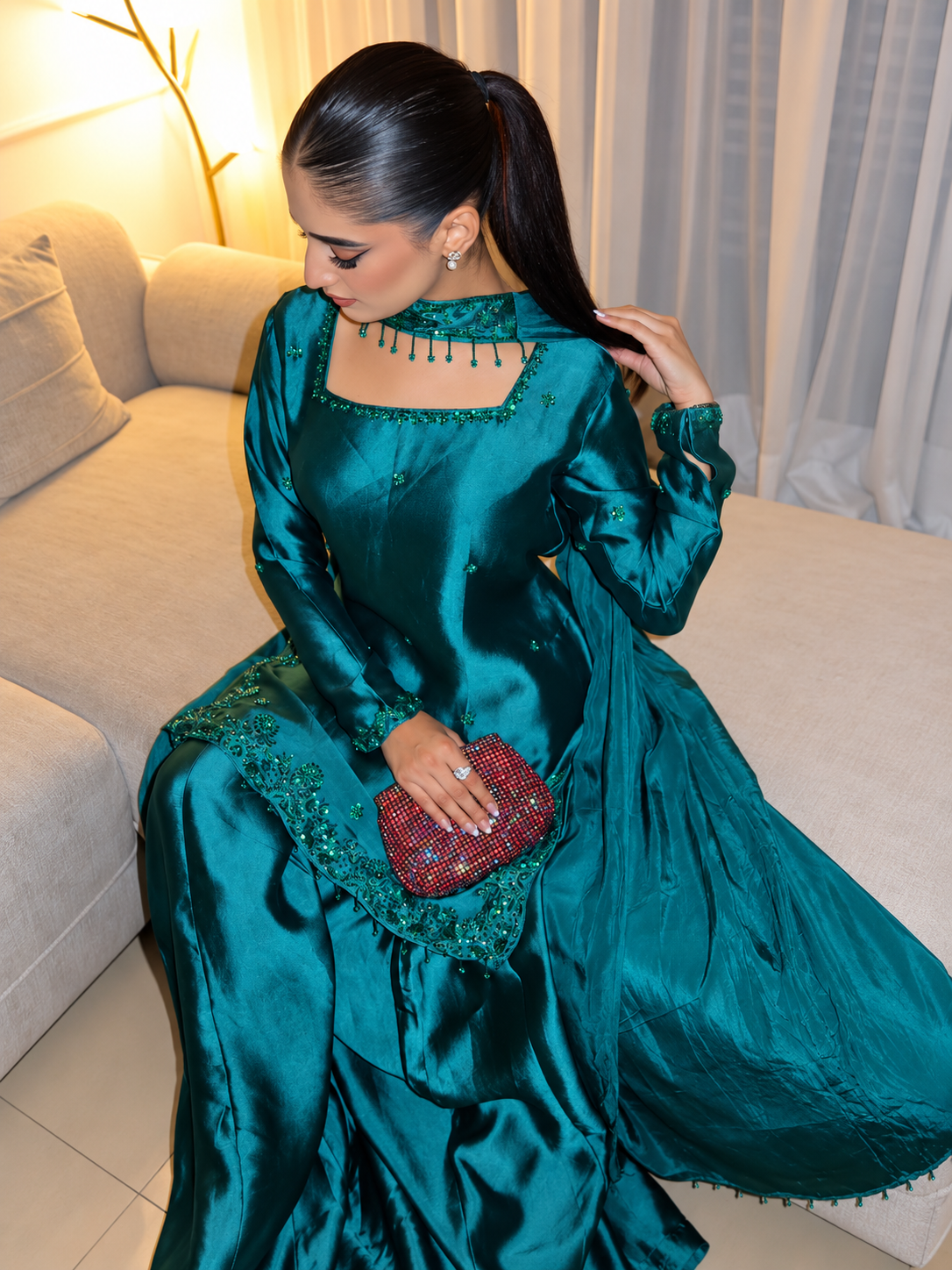 SHARARA 3PC EMBROIDERED SILK-DELIVERY 3/4 WKS