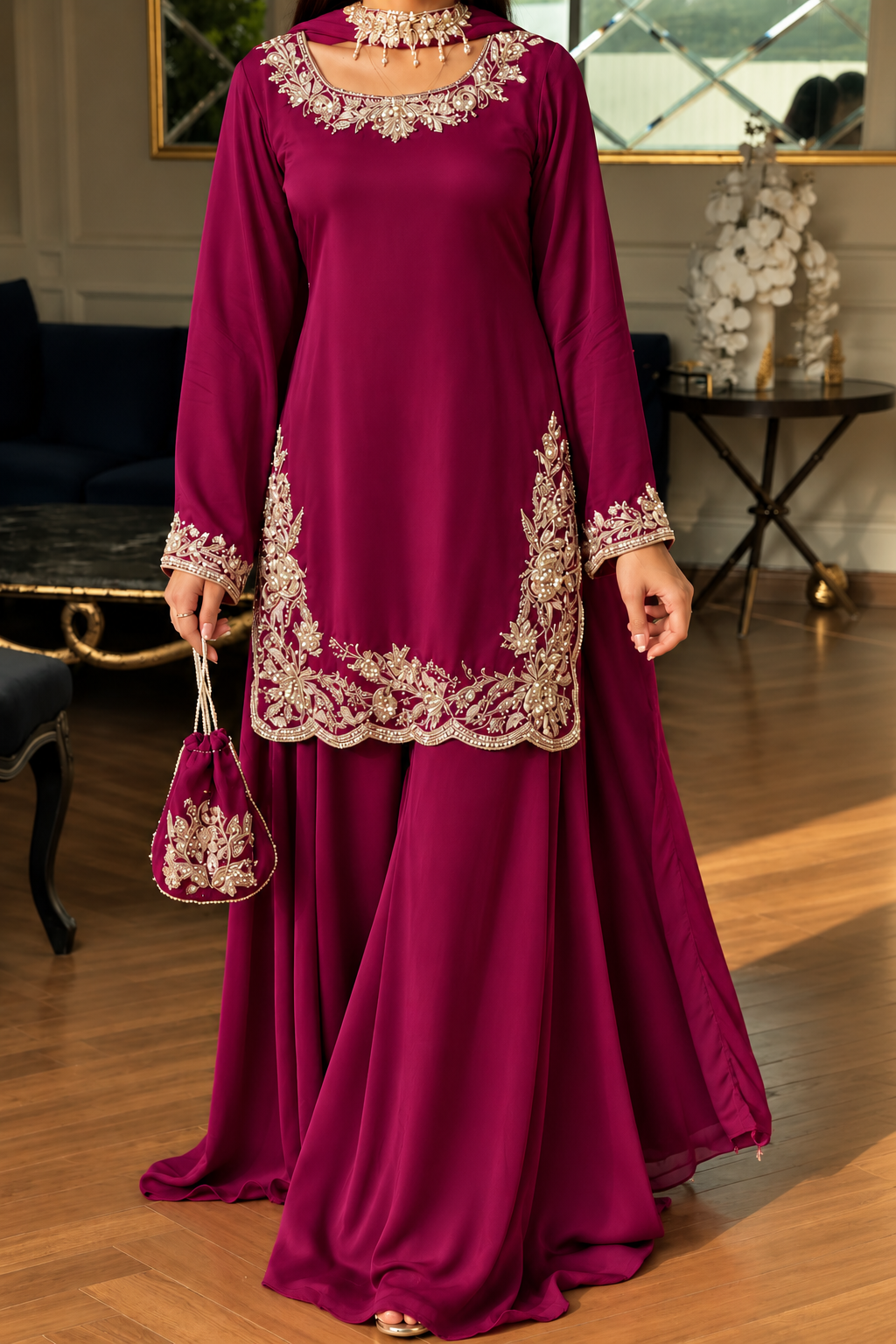 3PC SHARARA EMBROIDERED-DELIVERY4/6 WEEKS