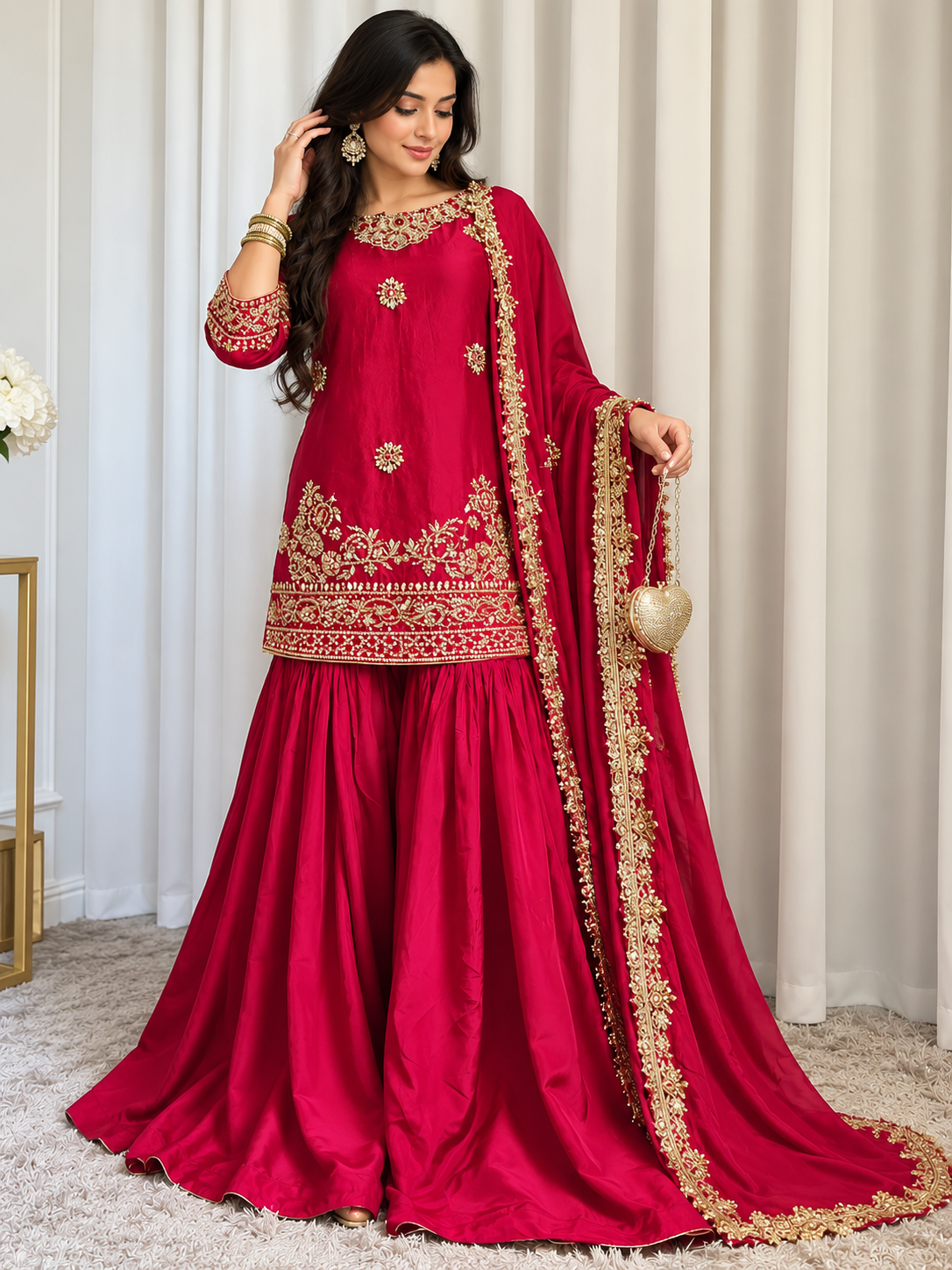 GHARARA 3PC EMBROIDERED-2 COLOUR OPTIONS-DELIVERY 6 WEEKS