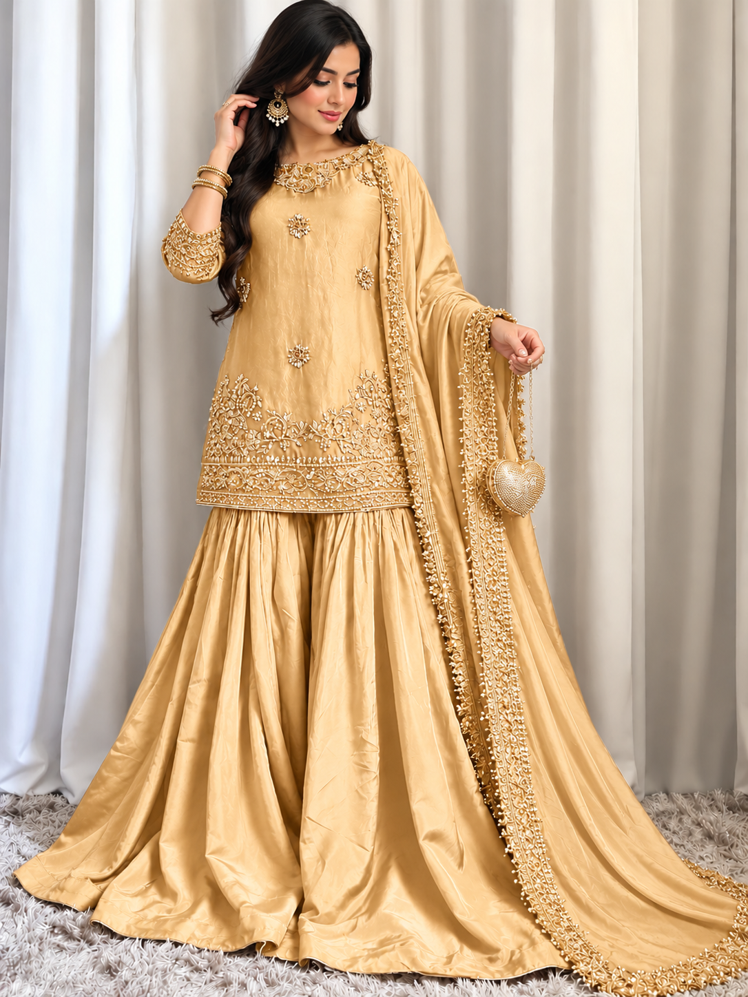 GHARARA 3PC EMBROIDERED-2 COLOUR OPTIONS-DELIVERY 6 WEEKS