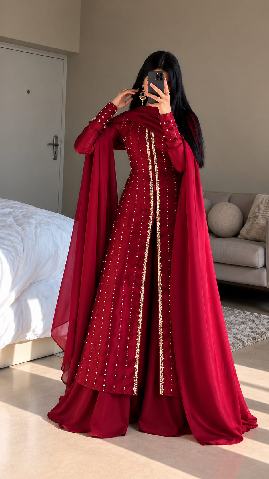 SHARARA 3PC LONG KAMEEZ EMBROIDERED-2 COLOURS-DELIVERY 6 WEEKS