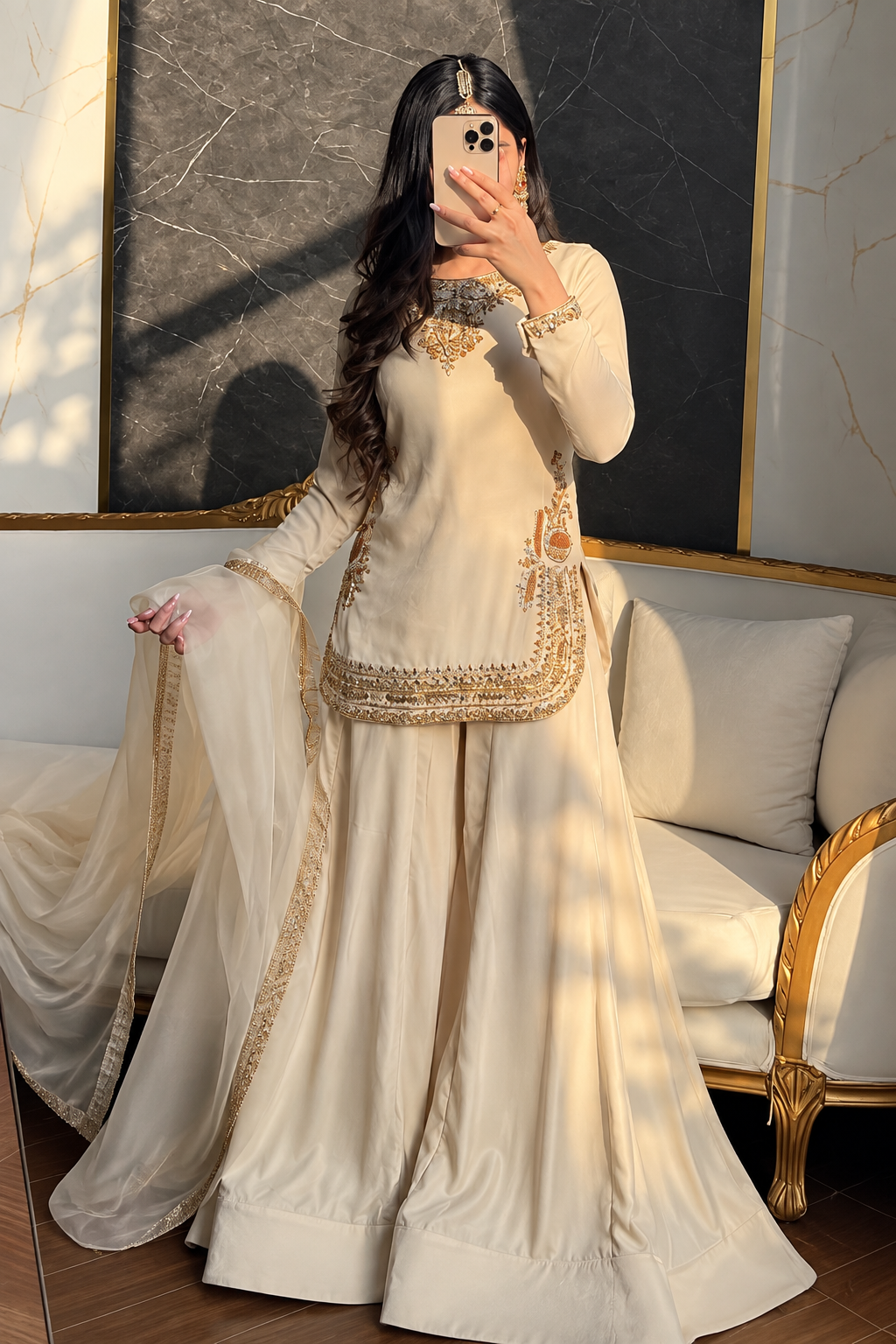 SHARARA GOLD EMBROIDERED 3PC SET-DELIVERY 4/6 WKS