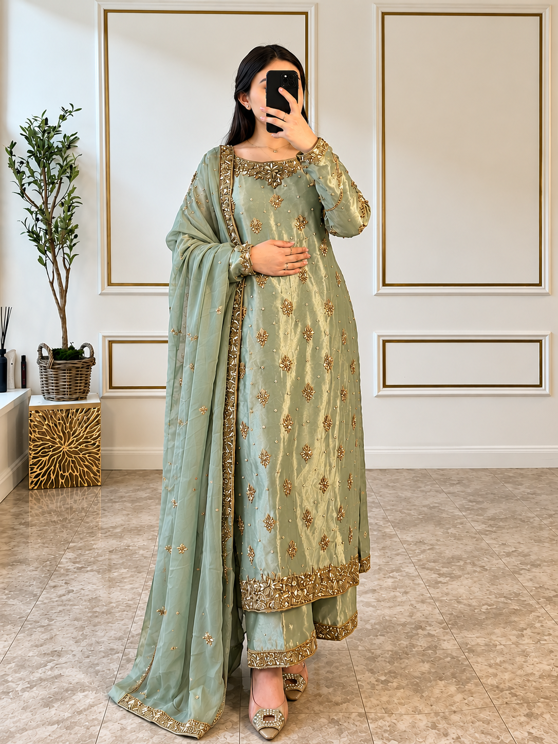 PLAZO EMBROIDERED SILK 3PC- DELIVERY 6 WEEKS
