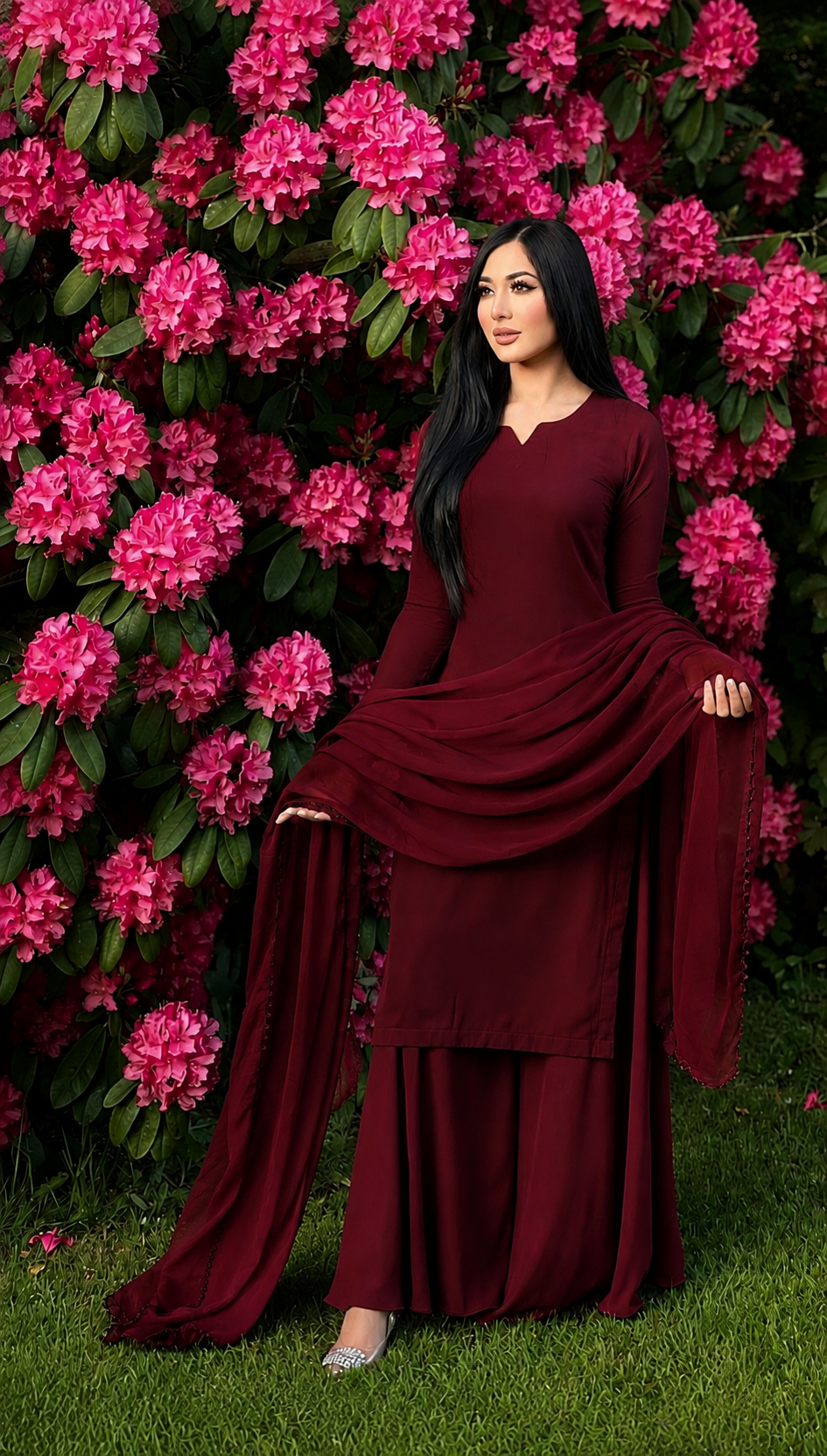 CHOCOLATE RED 3PC GEORGETTE SHARARA-DELIVERY 4 WEEKS