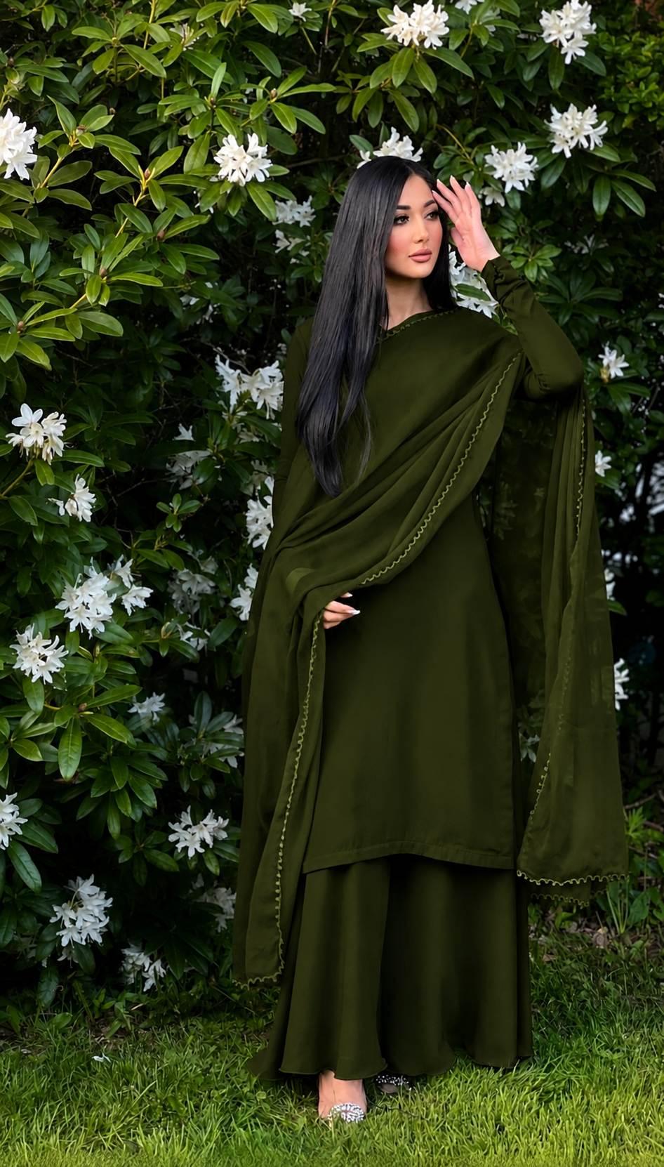 KHAKI GREEN 3PC GEORGETTE -DELIVERY 4 WEEKS APPROX