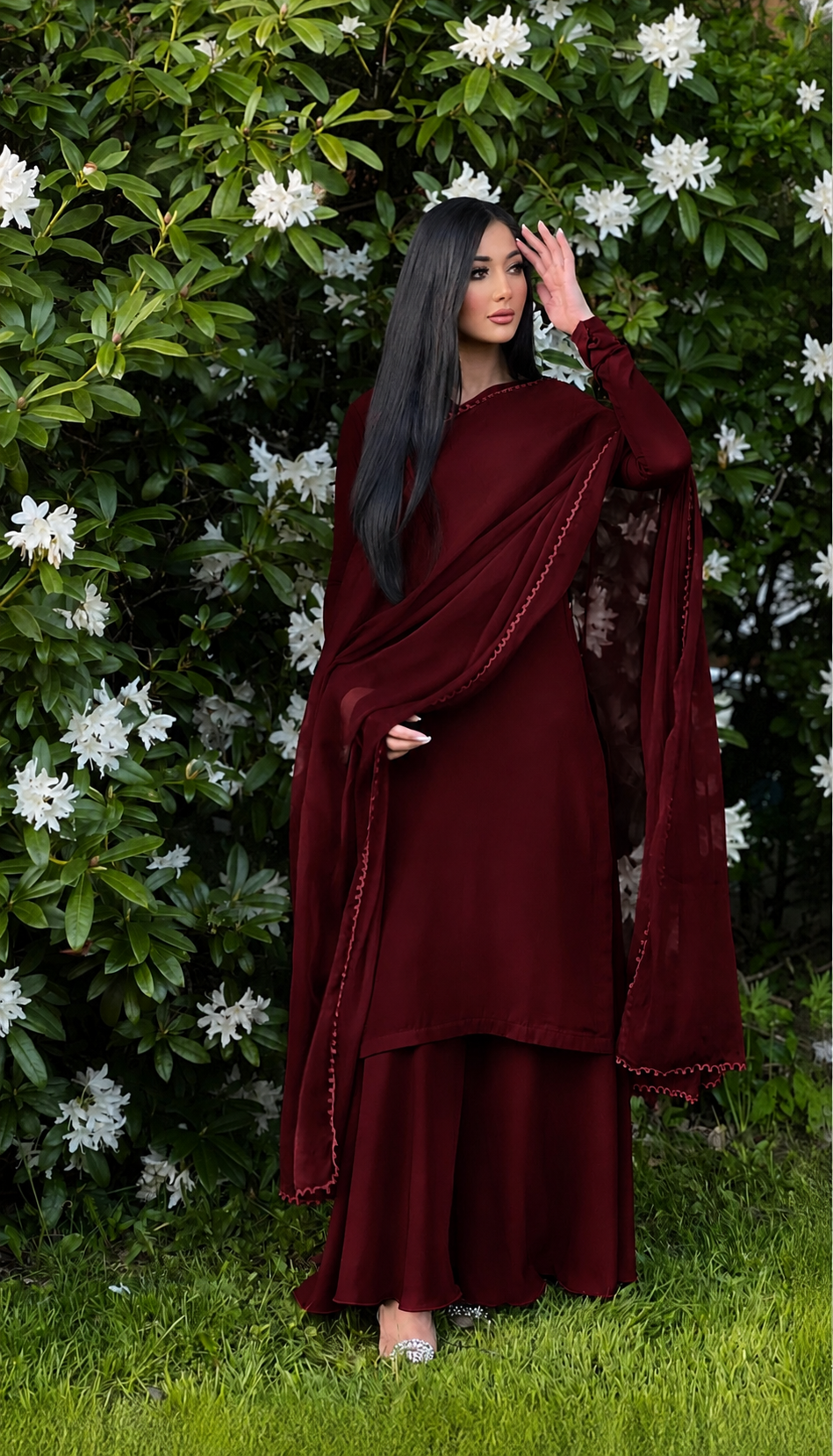 CHOCOLATE RED 3PC GEORGETTE SHARARA-DELIVERY 4 WEEKS