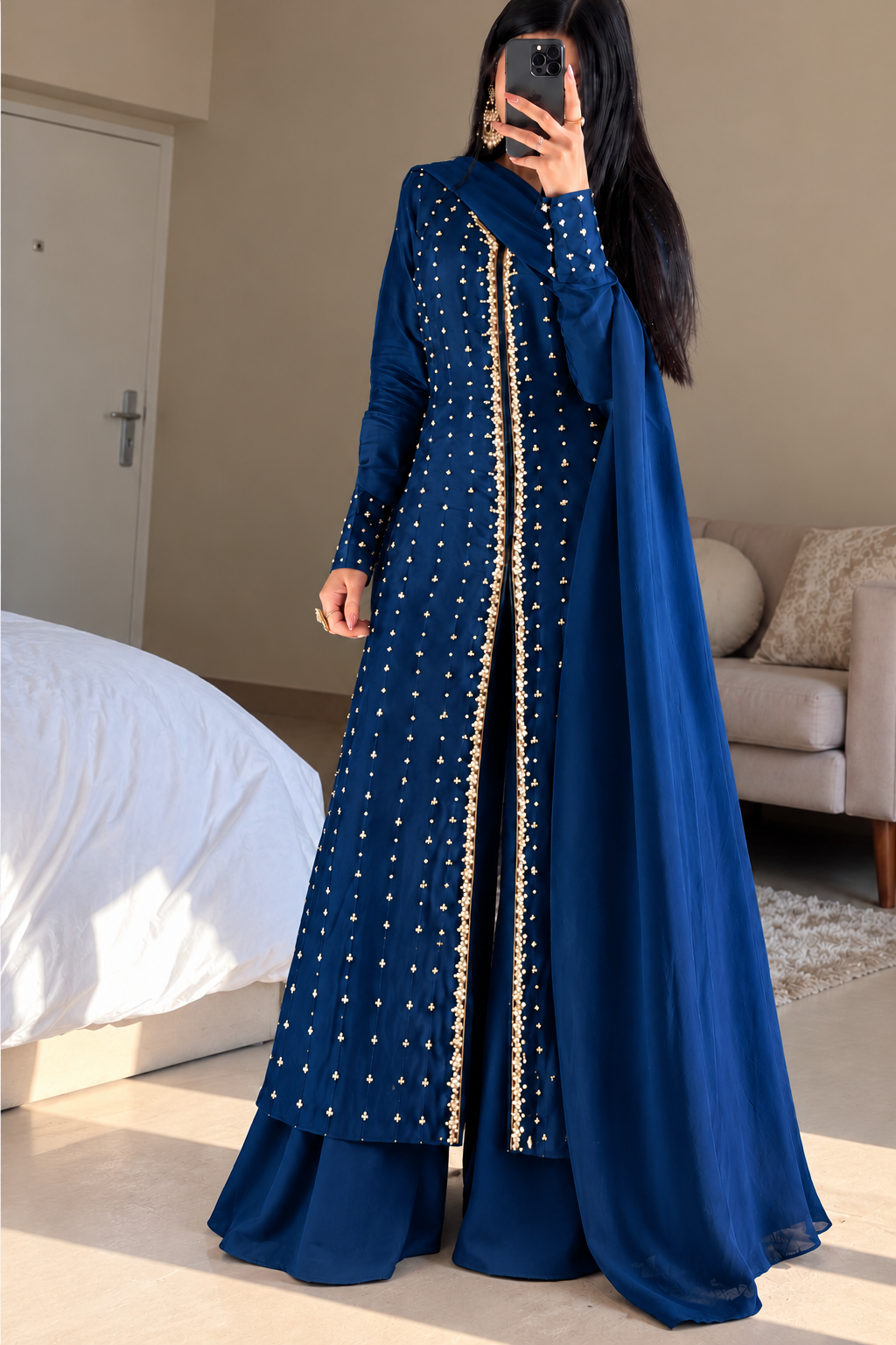 SHARARA 3PC LONG KAMEEZ EMBROIDERED-2 COLOURS-DELIVERY 6 WEEKS