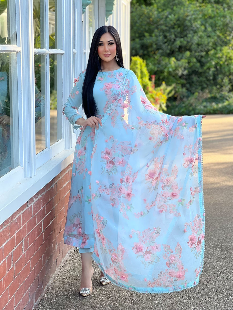 Printed Organza  Ice Blue Set Premium Party wear