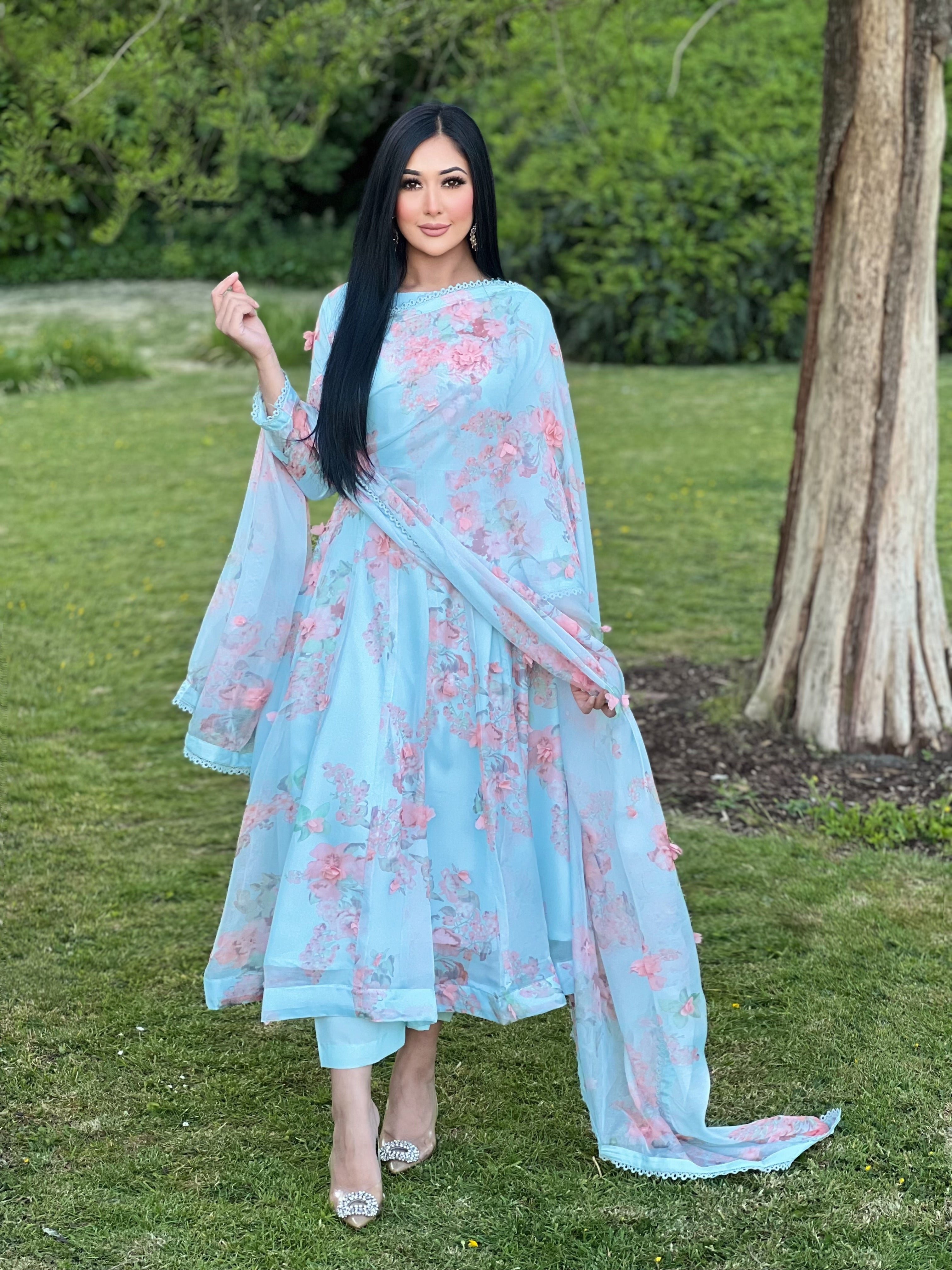 SKY BLUE FLORAL 3PC DRESS SPECIAL OFFER-PRE ORDER DELIVERY 4 WEEKS