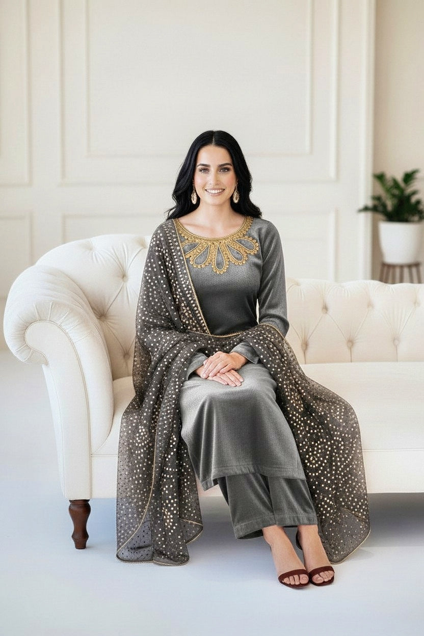 BLUEY GREY 3PC CHUNRI-IMMEDIATE DELIVERY