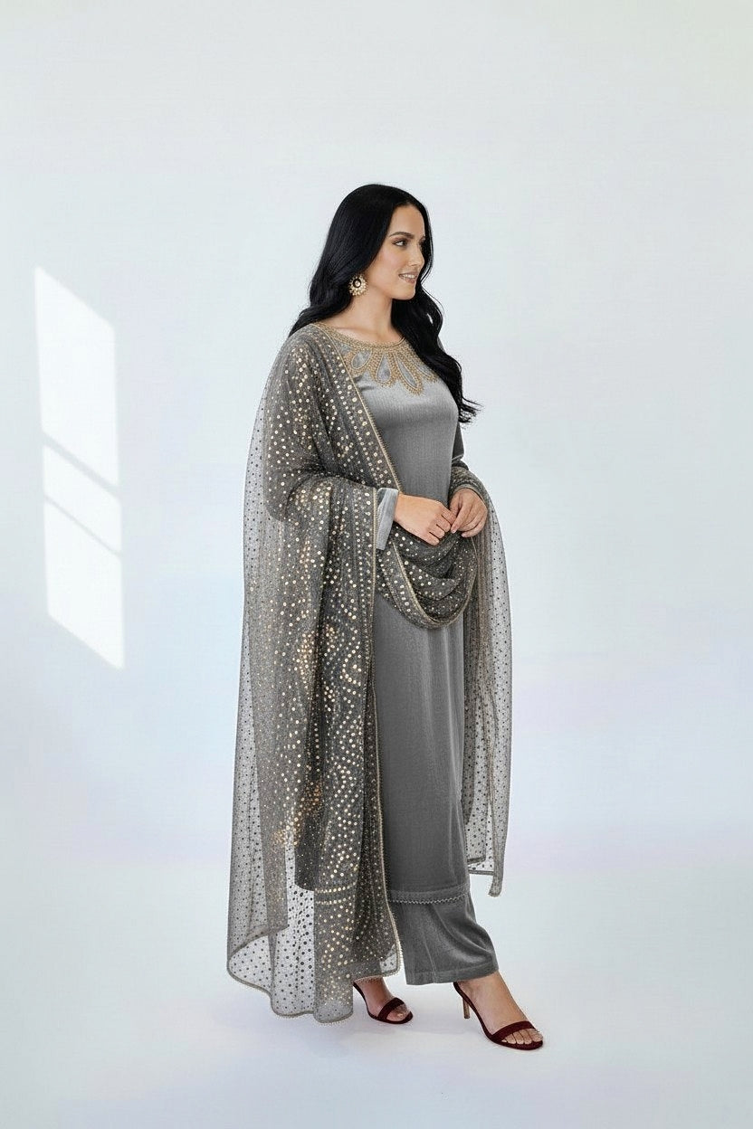 BLUEY GREY 3PC CHUNRI-IMMEDIATE DELIVERY