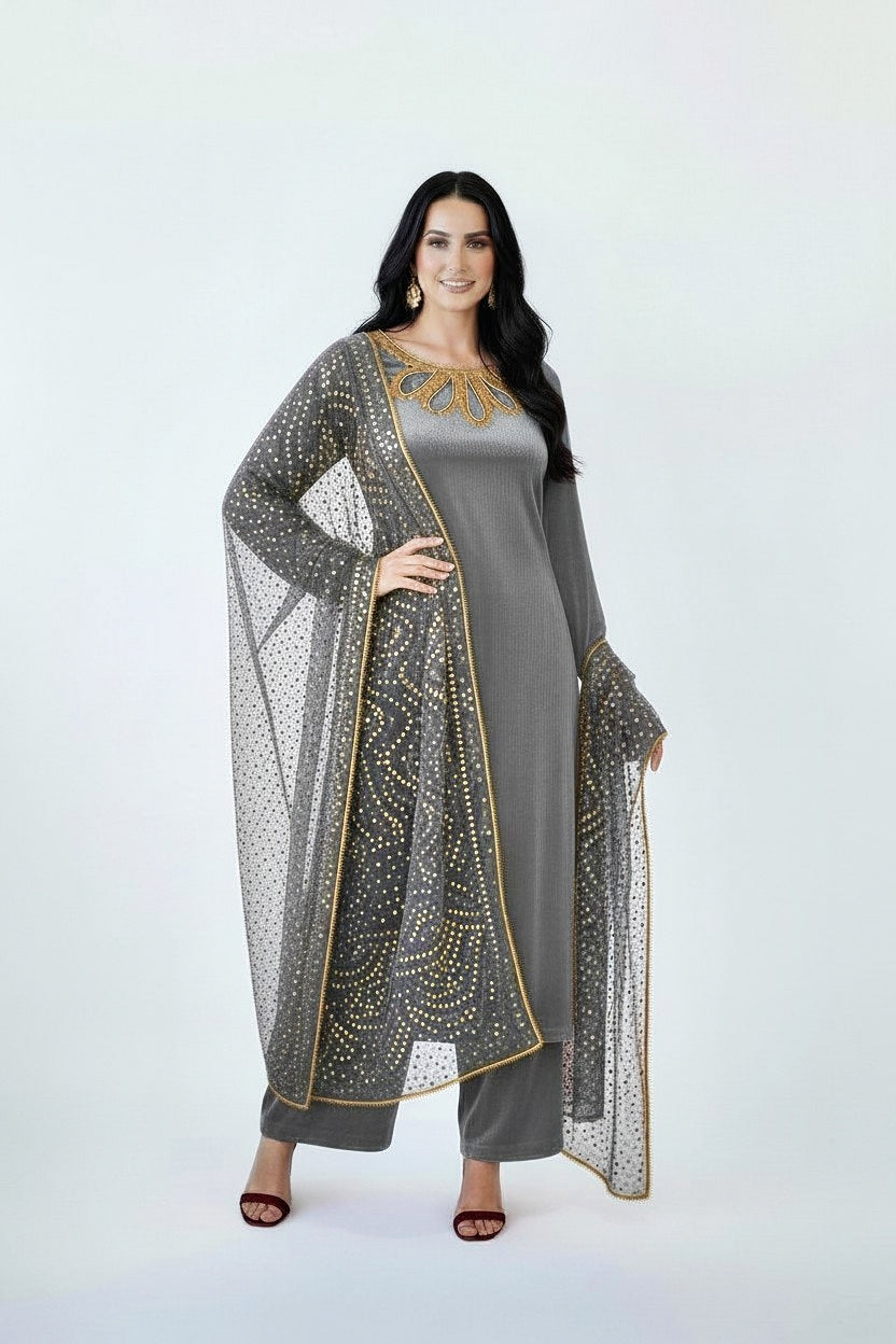 BLUEY GREY 3PC CHUNRI-IMMEDIATE DELIVERY