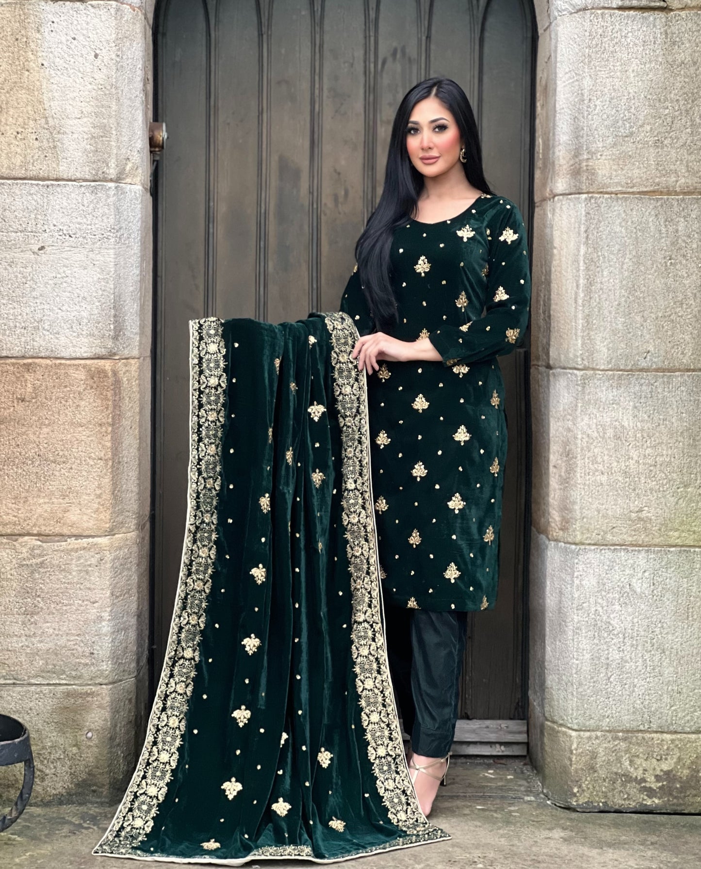 EMBROIDERED 3PC GREEN VELVET-IMMEDIATE DELIVERY