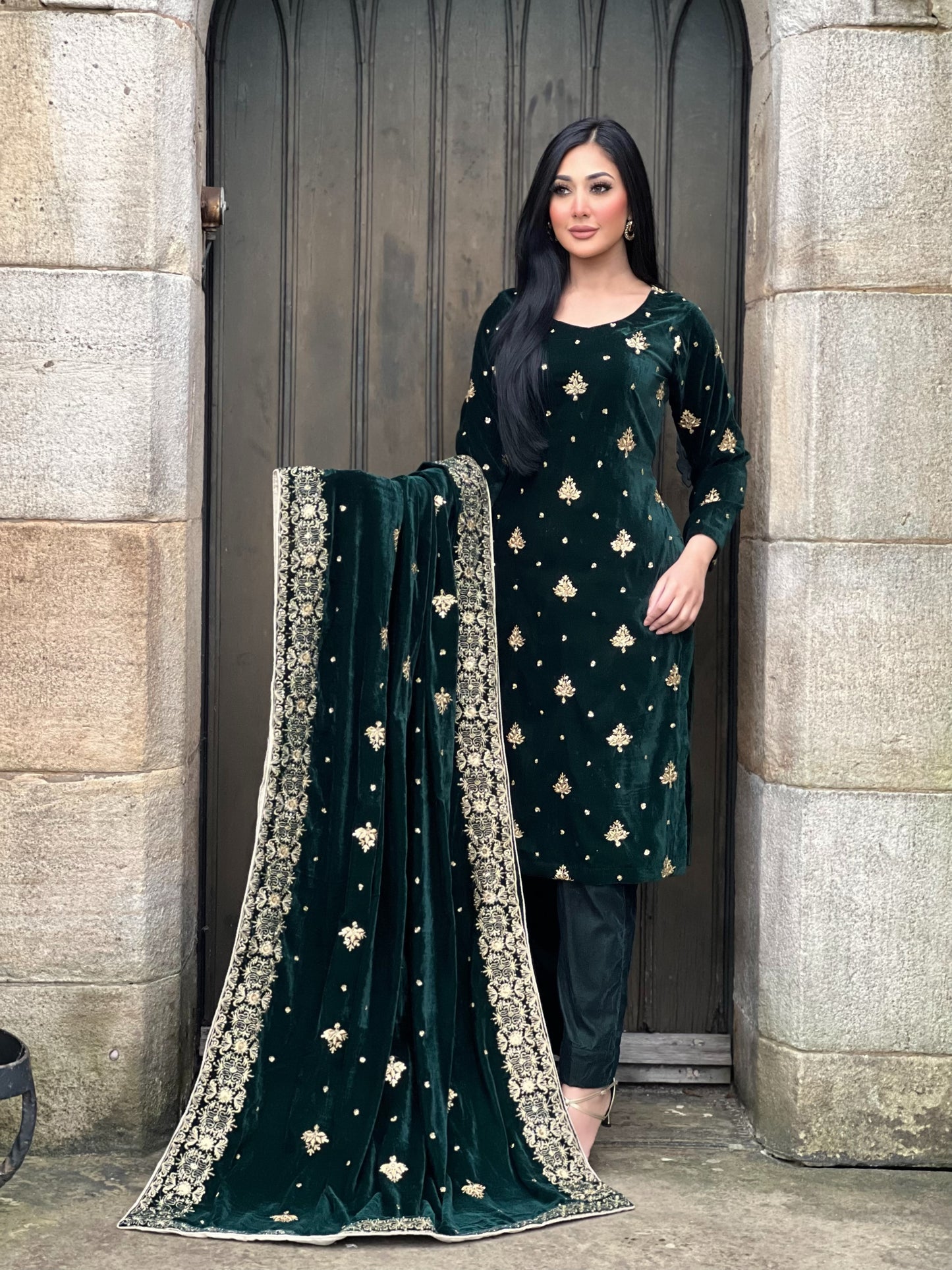 EMBROIDERED 3PC GREEN VELVET-IMMEDIATE DELIVERY