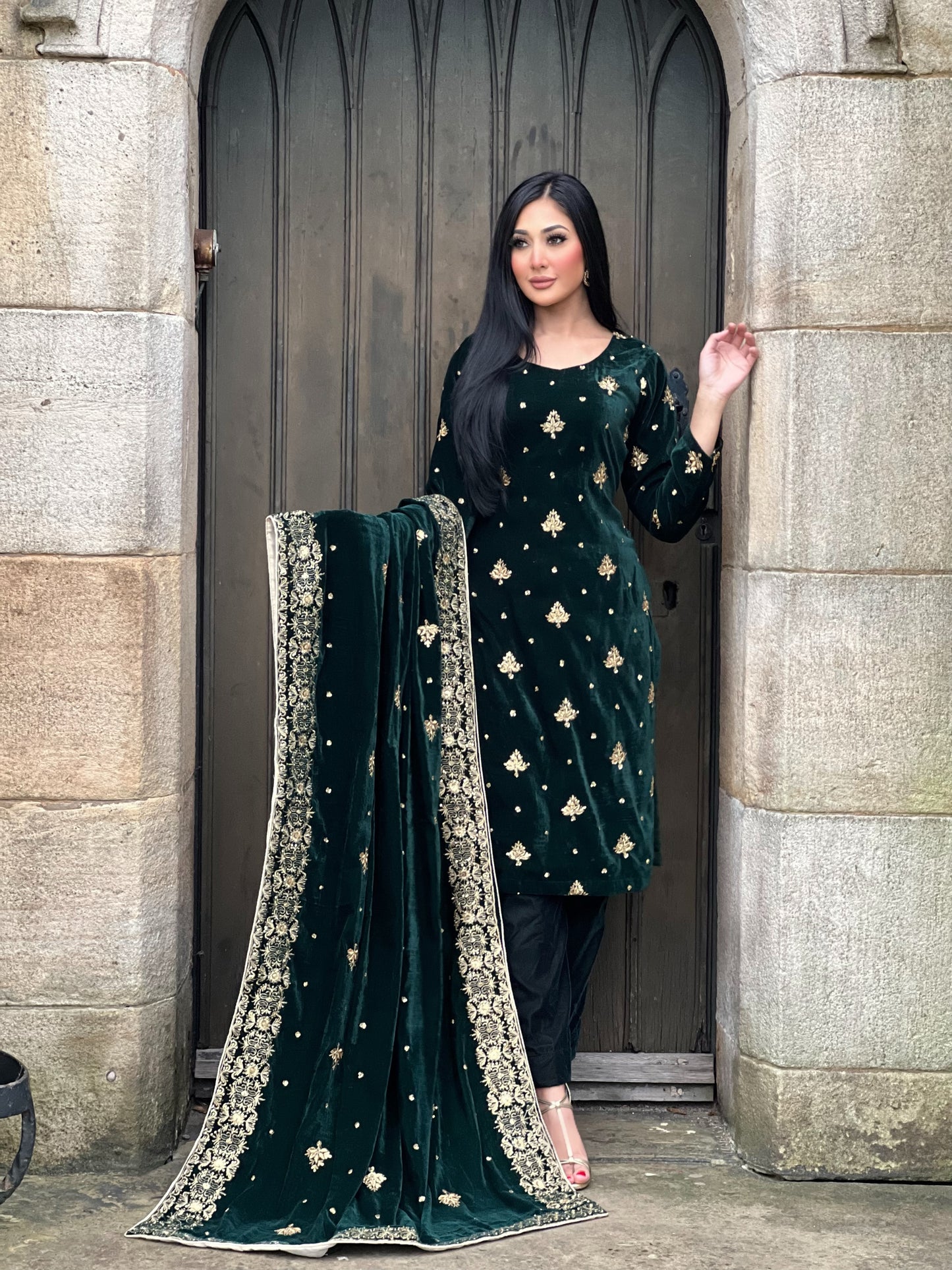 EMBROIDERED 3PC GREEN VELVET-IMMEDIATE DELIVERY