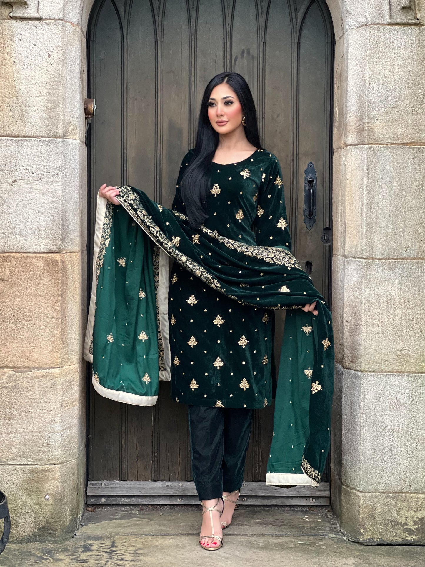 EMBROIDERED 3PC GREEN VELVET-IMMEDIATE DELIVERY