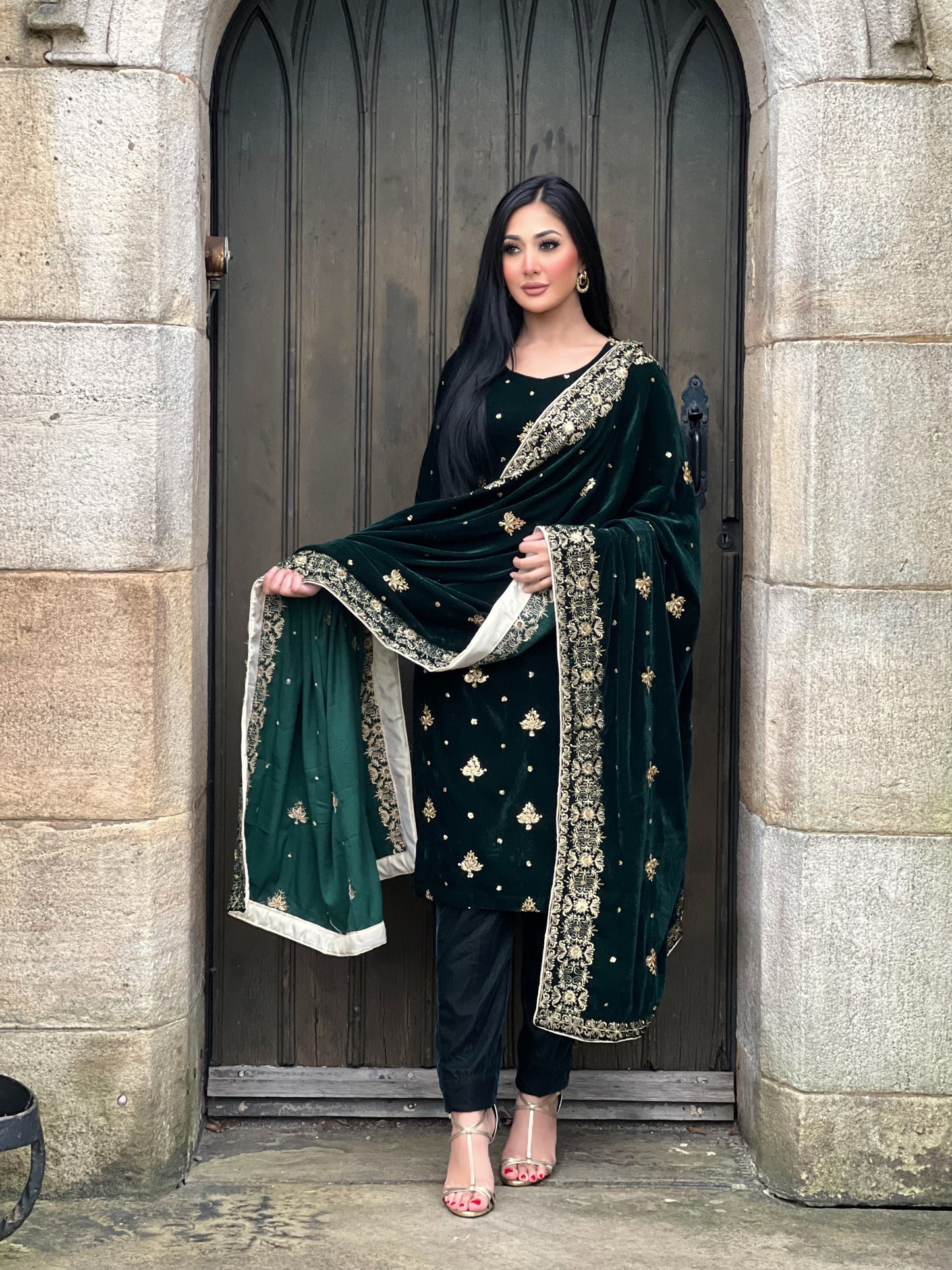 EMBROIDERED 3PC GREEN VELVET-IMMEDIATE DELIVERY