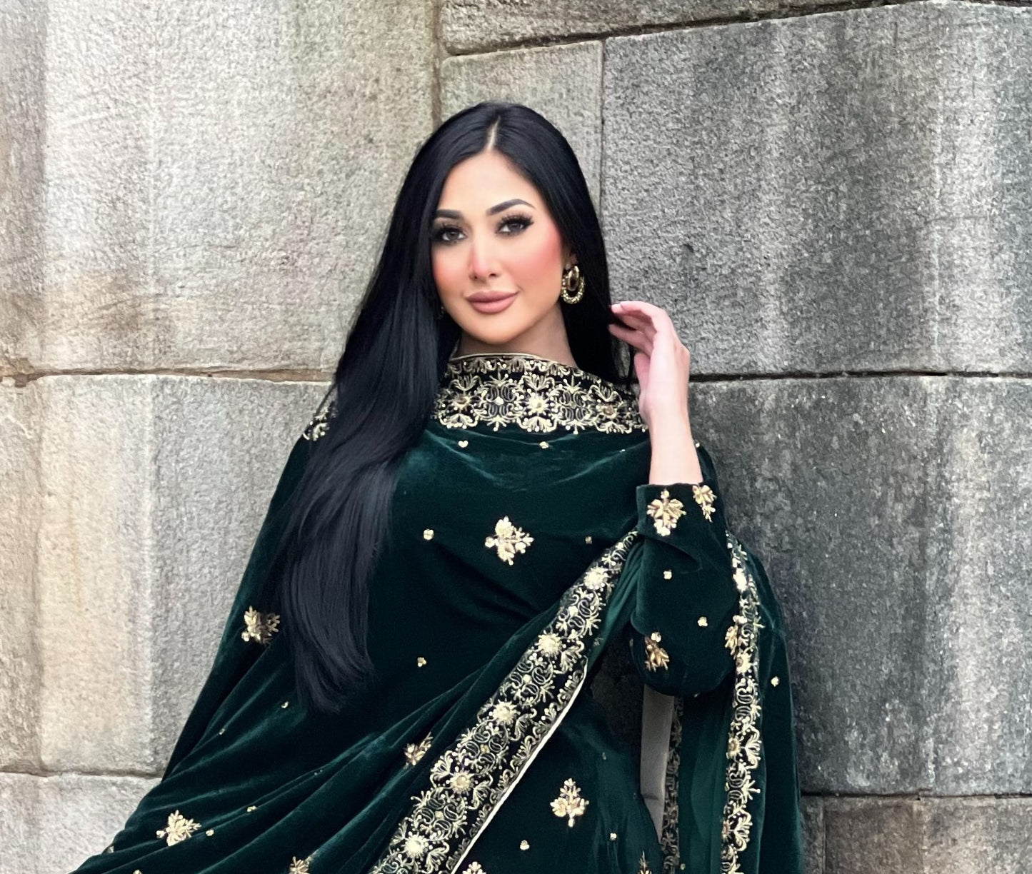 EMBROIDERED 3PC GREEN VELVET-IMMEDIATE DELIVERY