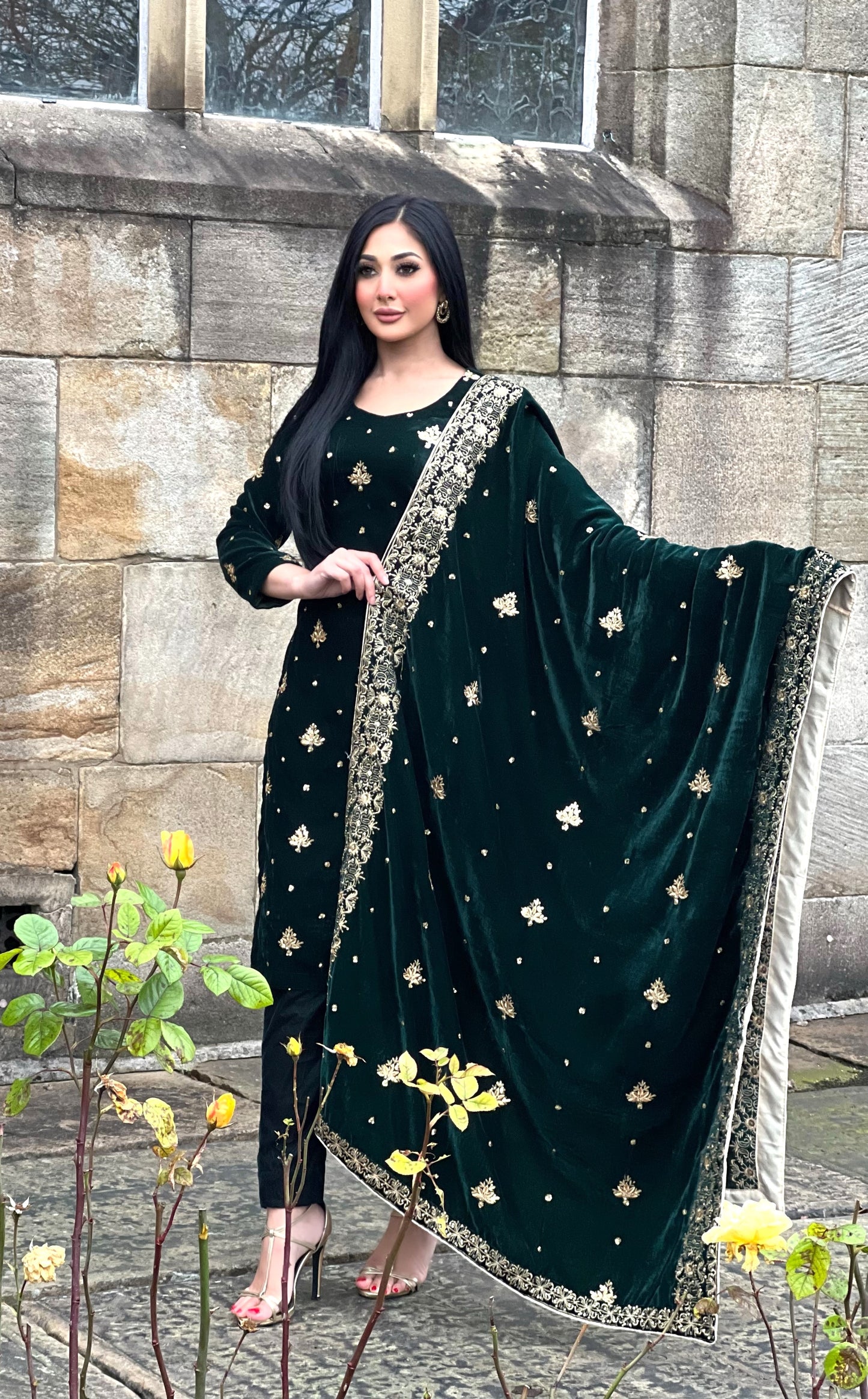 EMBROIDERED 3PC GREEN VELVET-IMMEDIATE DELIVERY