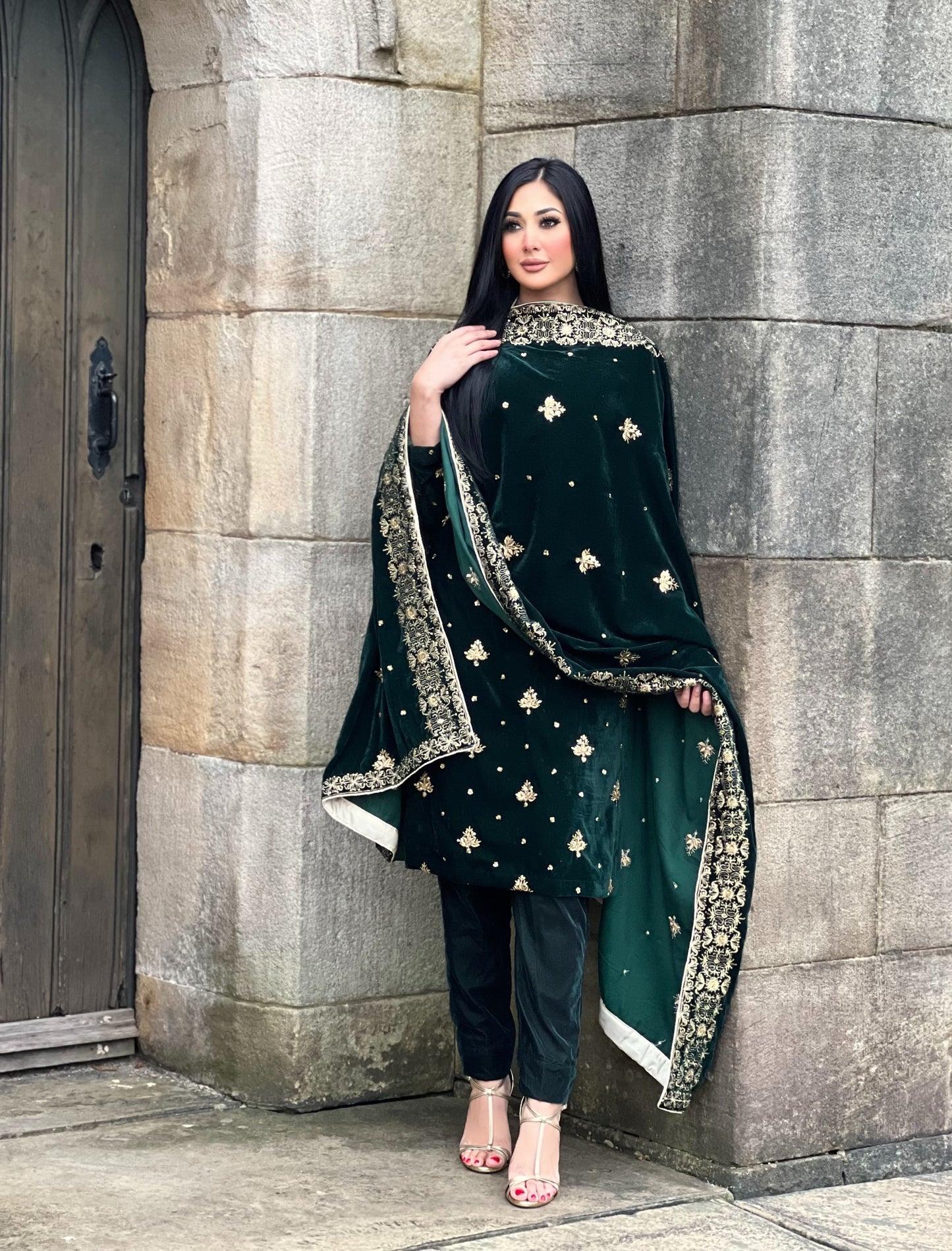 EMBROIDERED 3PC GREEN VELVET-IMMEDIATE DELIVERY