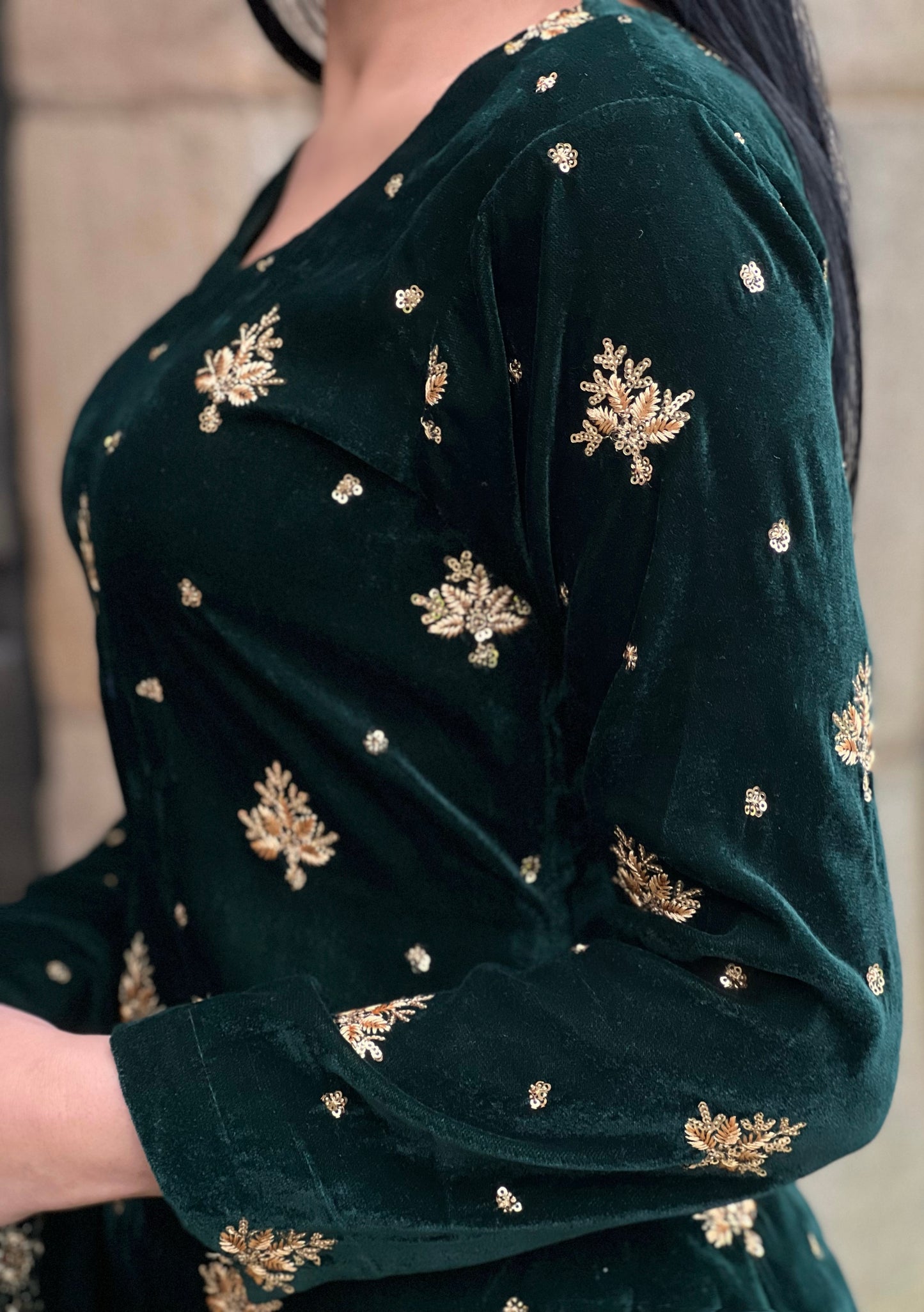 EMBROIDERED 3PC GREEN VELVET-IMMEDIATE DELIVERY