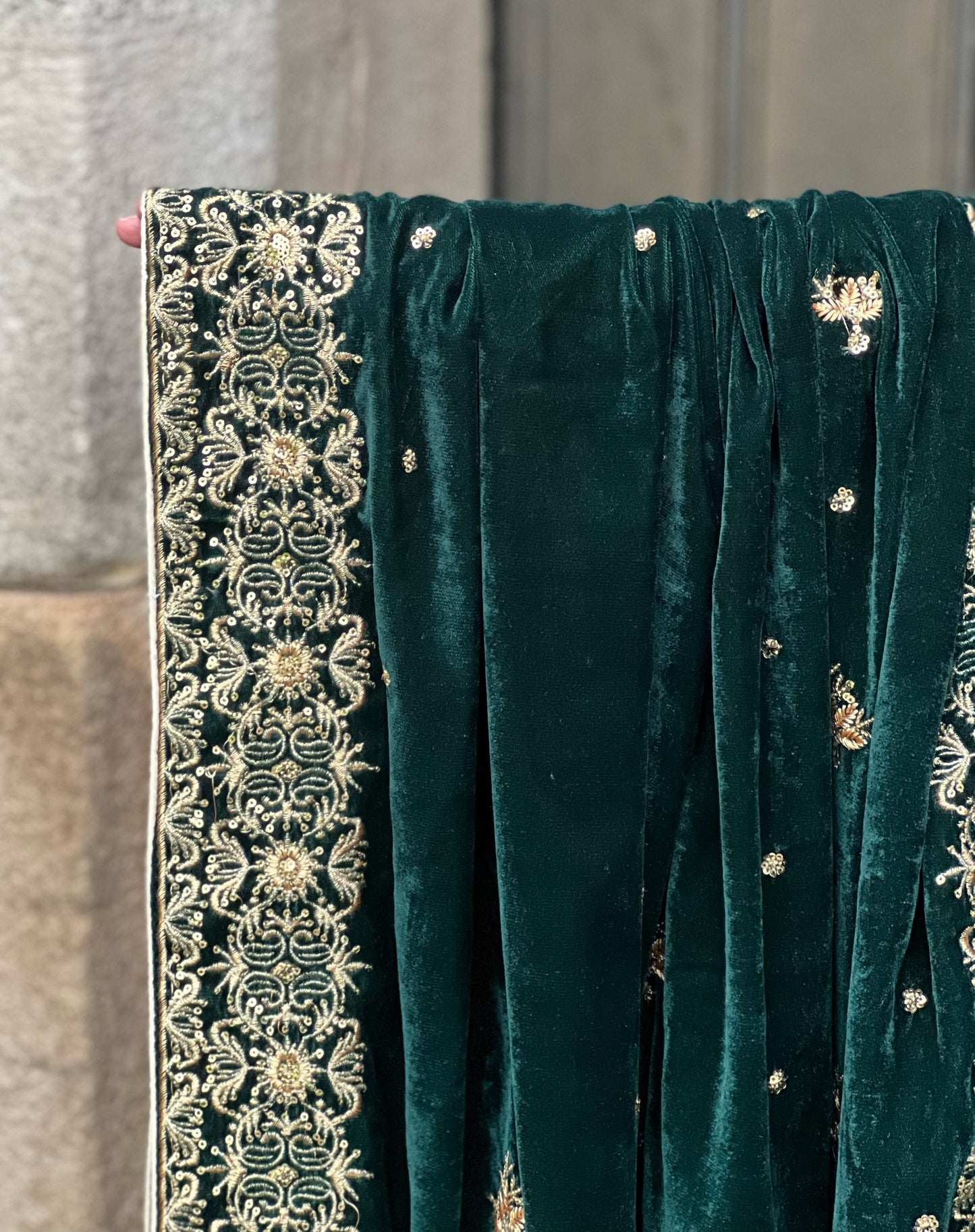 EMBROIDERED 3PC GREEN VELVET-IMMEDIATE DELIVERY