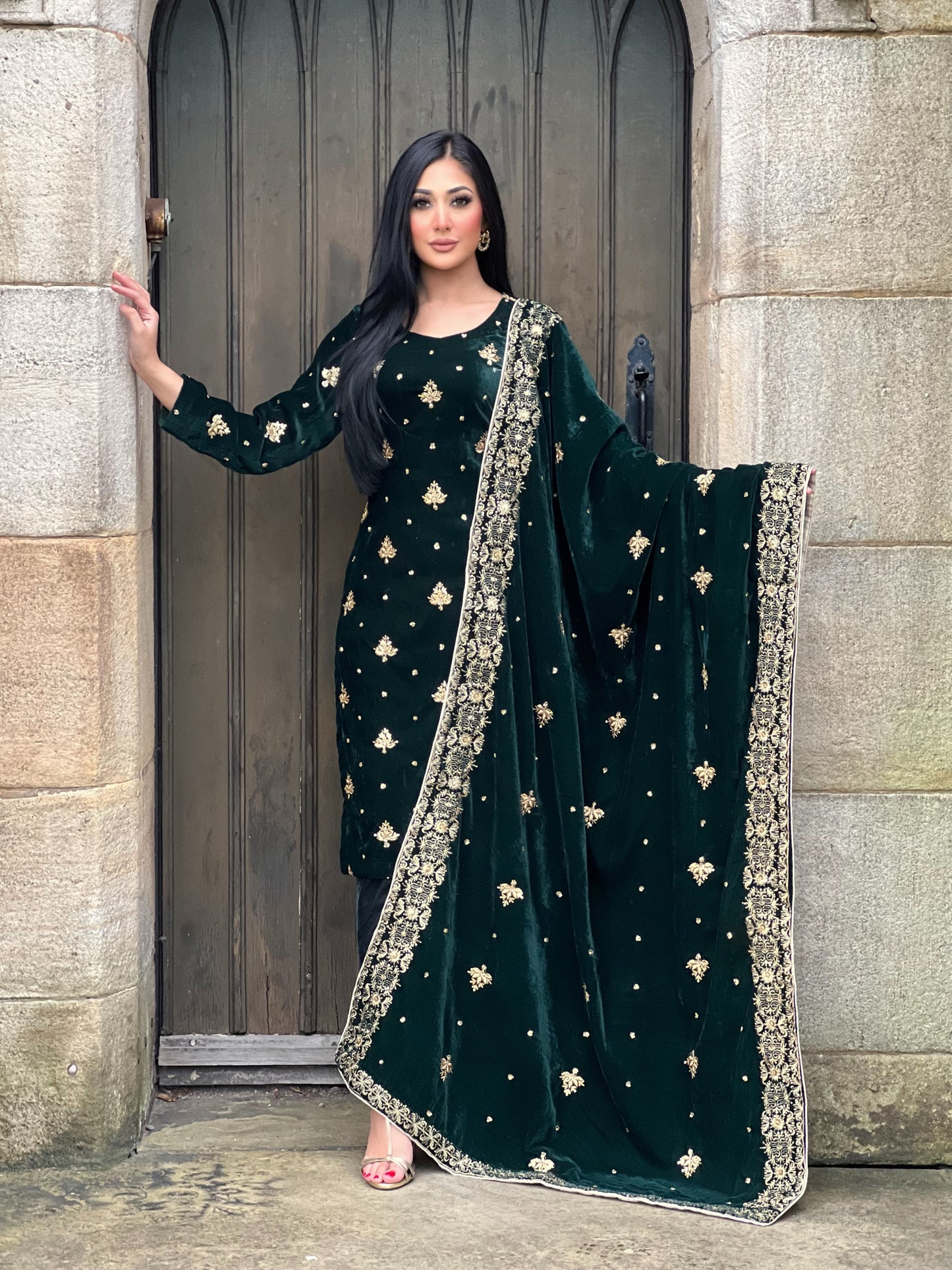 EMBROIDERED 3PC GREEN VELVET-IMMEDIATE DELIVERY