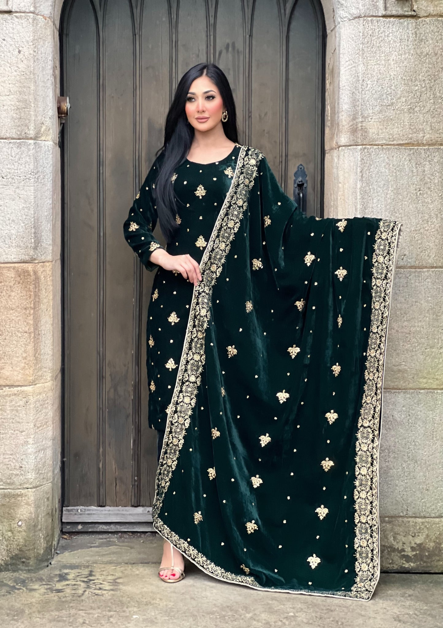 EMBROIDERED 3PC GREEN VELVET-IMMEDIATE DELIVERY