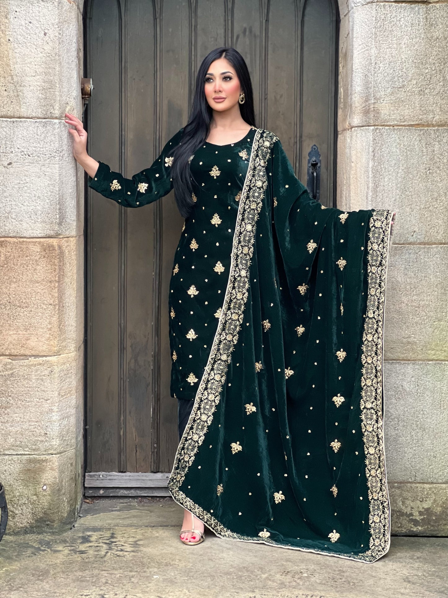 EMBROIDERED 3PC GREEN VELVET-IMMEDIATE DELIVERY