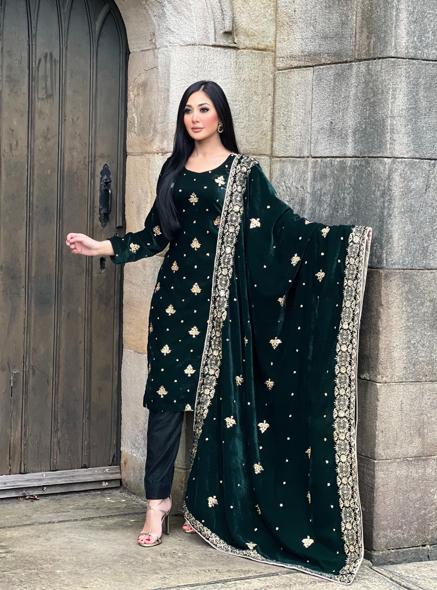 EMBROIDERED 3PC GREEN VELVET-IMMEDIATE DELIVERY