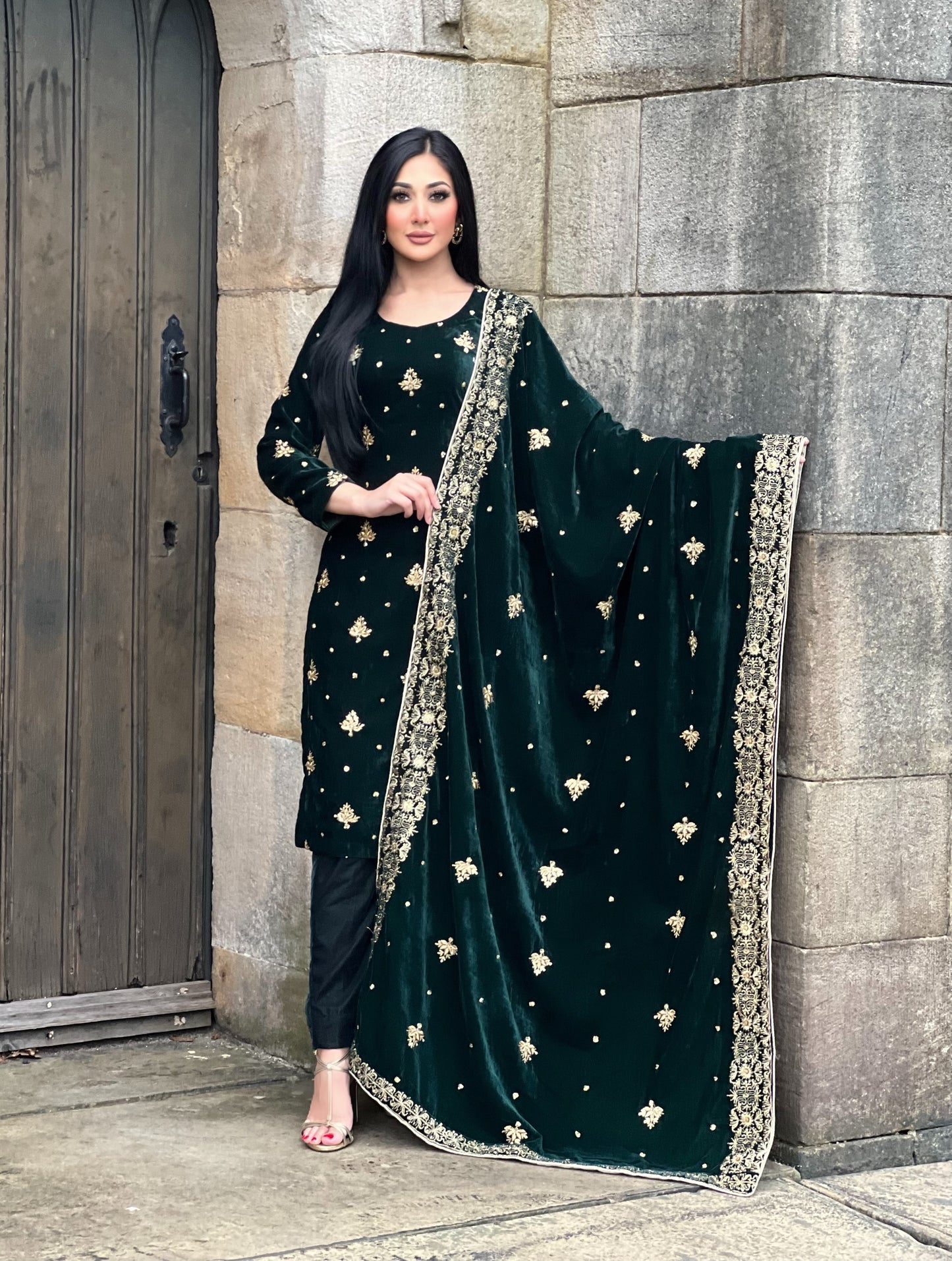 EMBROIDERED 3PC GREEN VELVET-IMMEDIATE DELIVERY