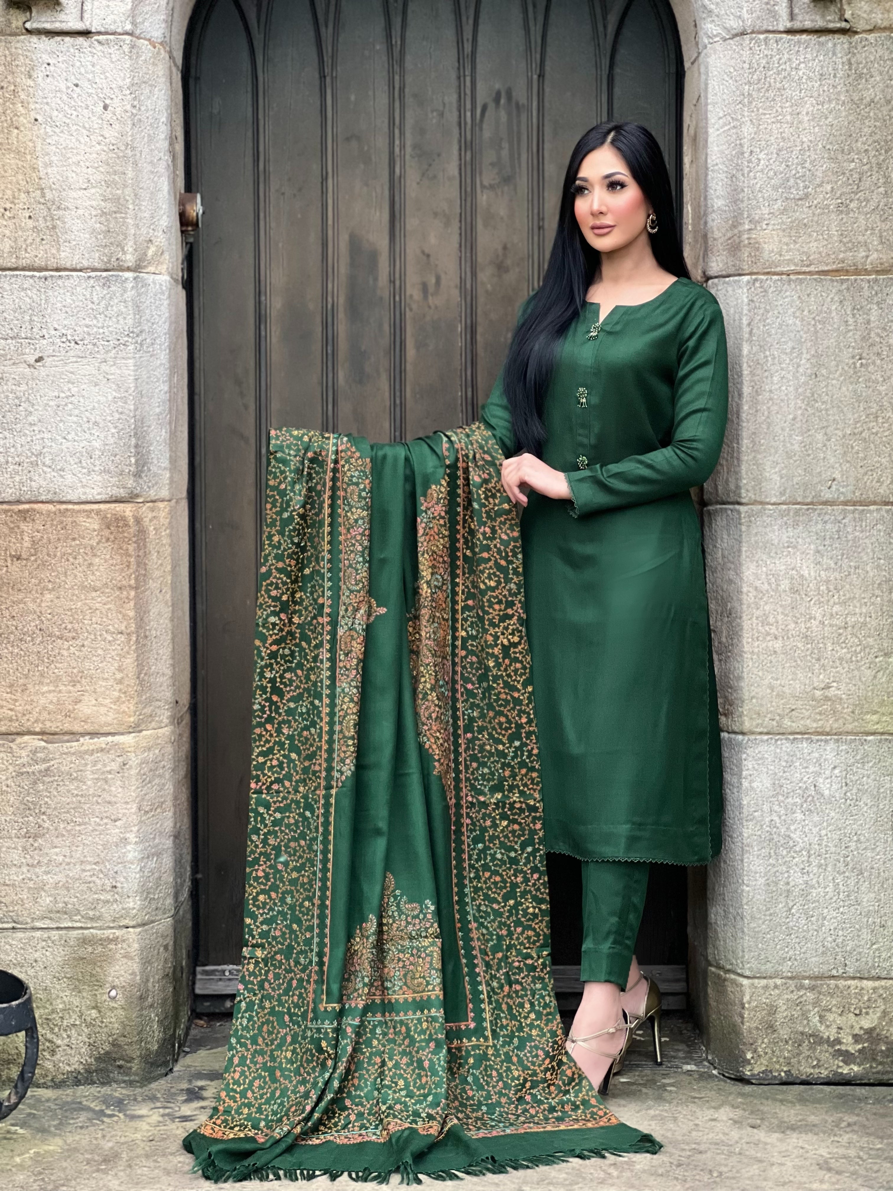 GREEN 3PC PASHMINA - IMMEDIATE DELIVERY