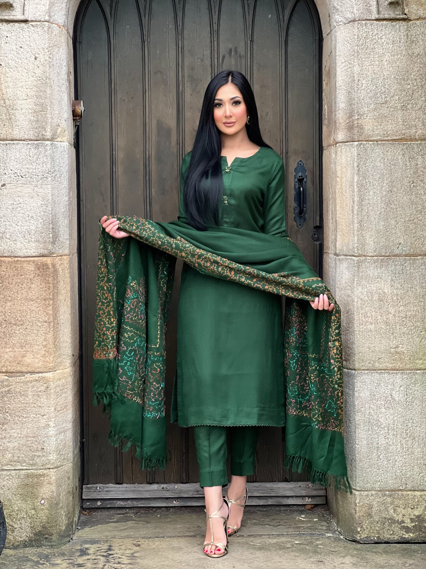 GREEN 3PC PASHMINA - IMMEDIATE DELIVERY