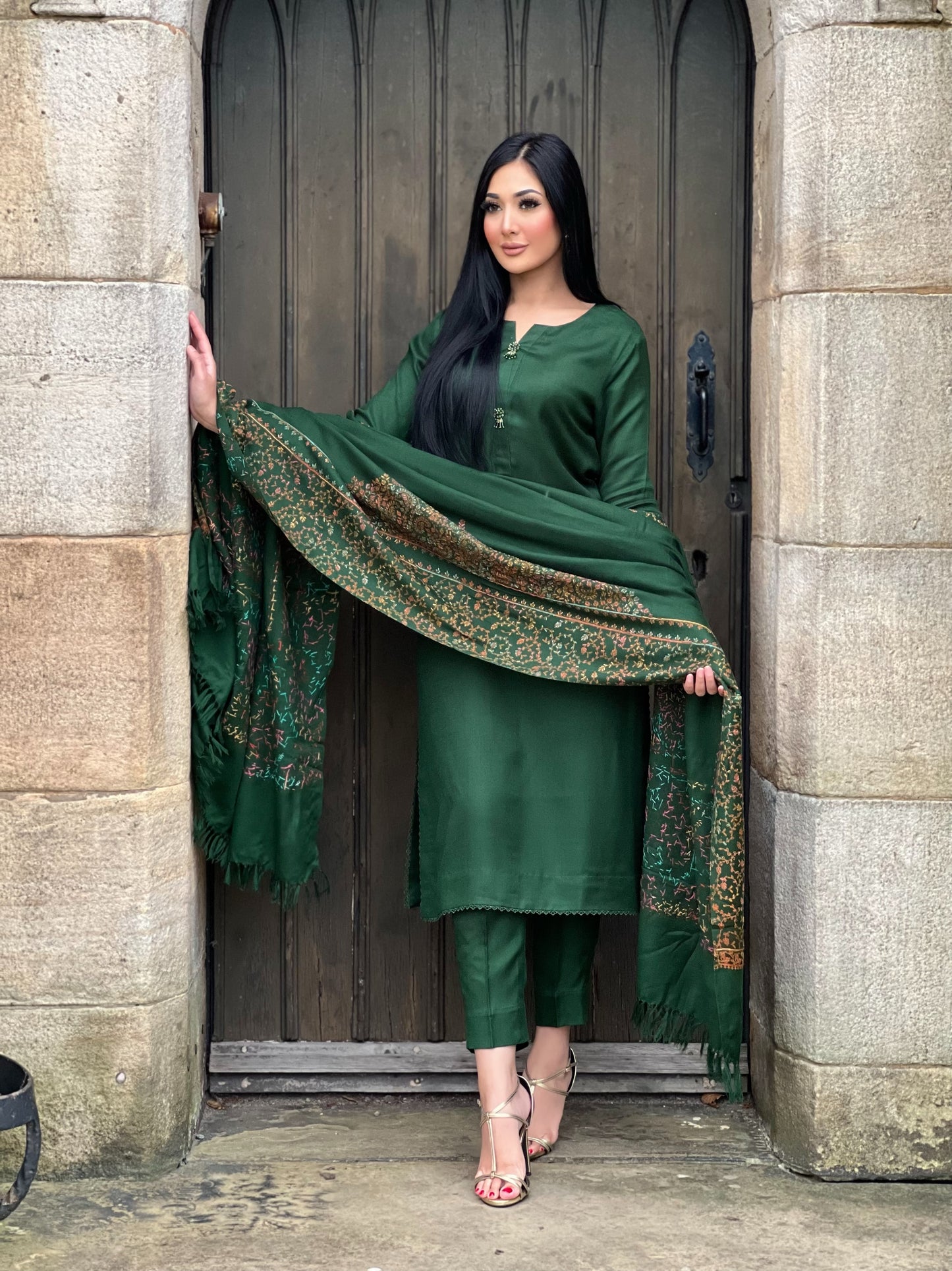 GREEN 3PC PASHMINA - IMMEDIATE DELIVERY