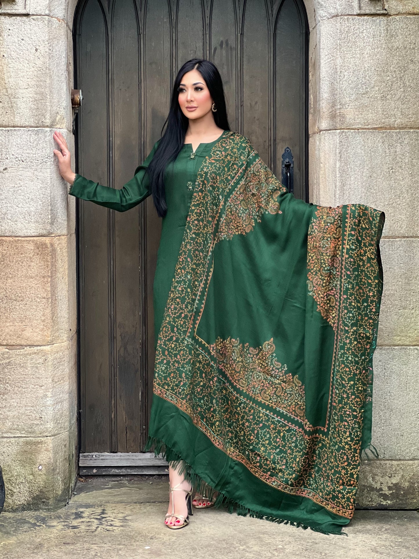 GREEN 3PC PASHMINA - IMMEDIATE DELIVERY