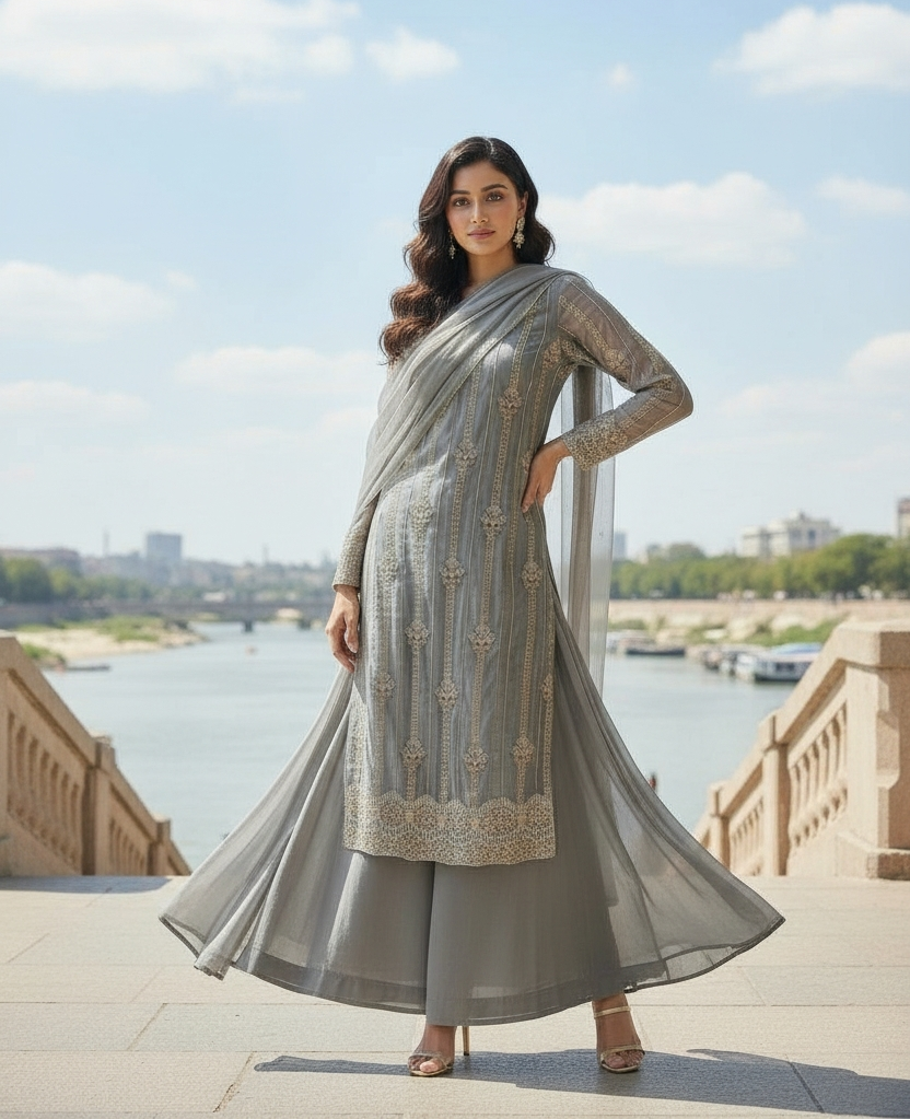 GREY 3PC SHARARA-NEXT DAY DELIVERY OPTION
