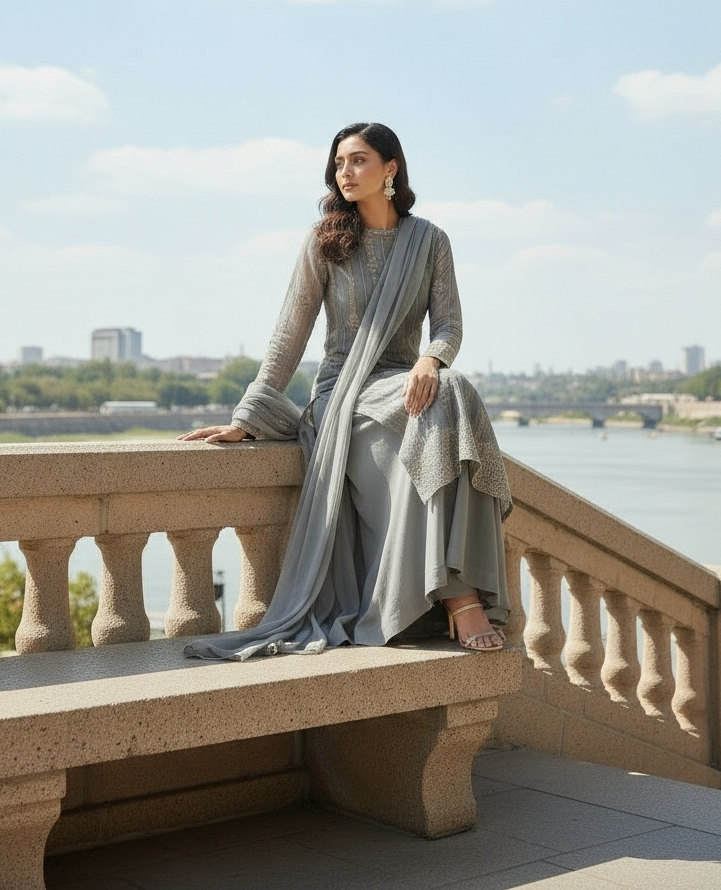 GREY 3PC SHARARA-NEXT DAY DELIVERY OPTION