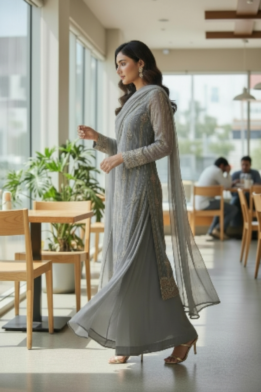 GREY 3PC SHARARA-NEXT DAY DELIVERY OPTION