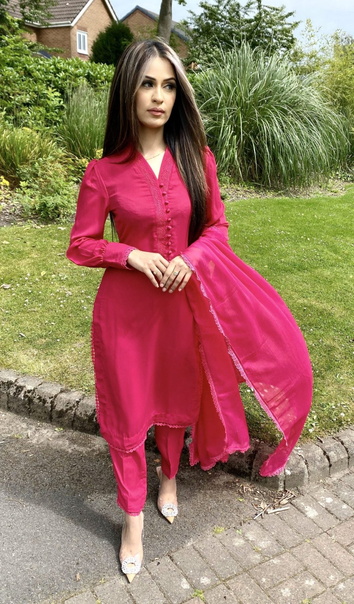izzza 3pc georgette suit hot pink-immediate delivery